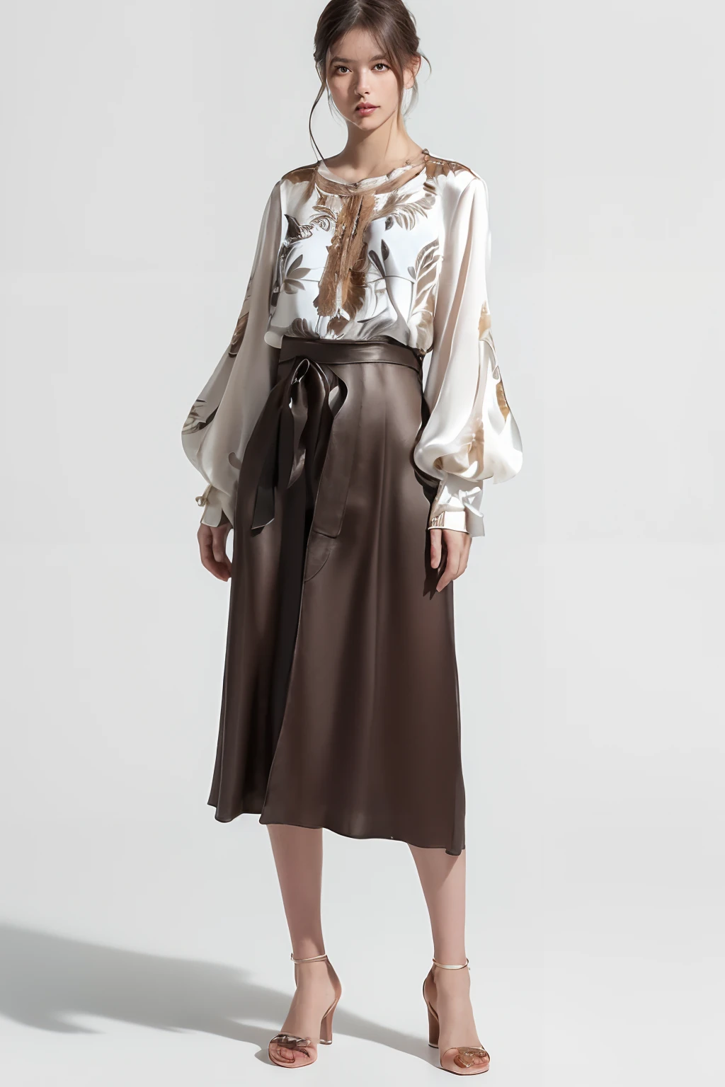 (Detailed Full Body RAW Pictures of Women:1.5), ((masutepiece, of the highest quality, High Definition)), 1 girl, (Photorealistic: 1.4), Solo, White background, with a pure white background, Noble makeup, (Noble medium hair, Dark brown hair color: 1.4)(summer clothing, Noble fashion, Silk blouse:1.2)