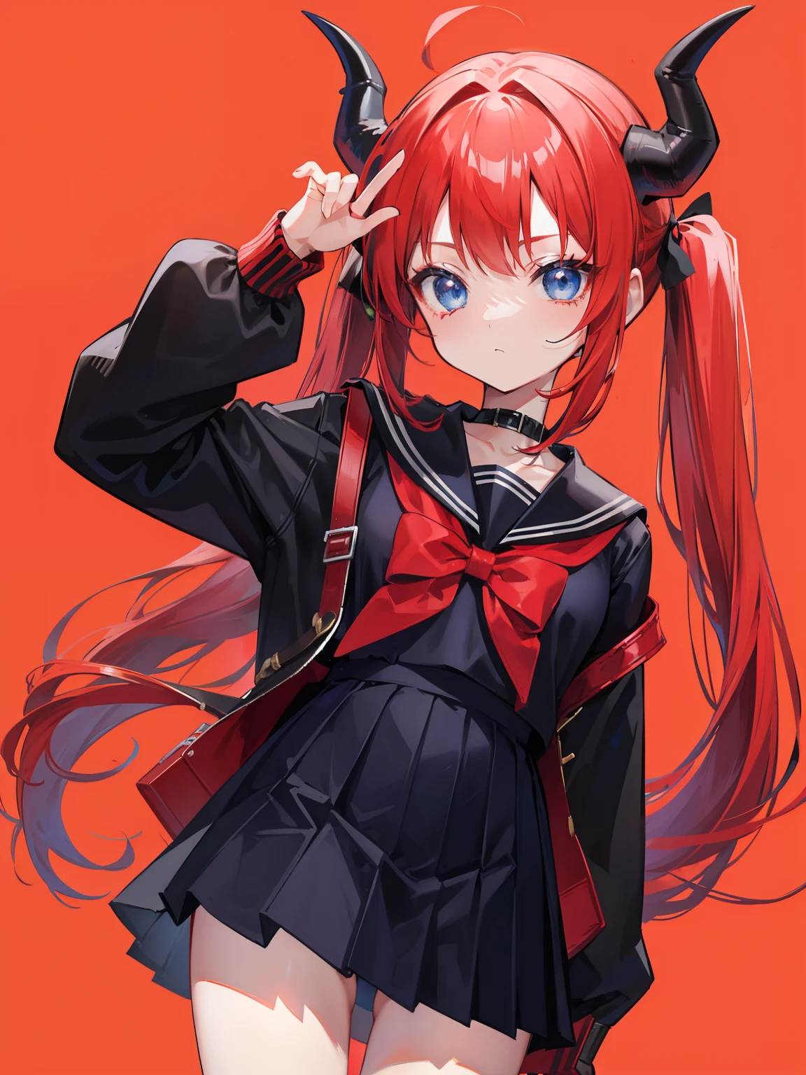 red hair, blue eyes, twintails, Sailor suit,black coat, Dragon horns,Pleated skirt,solo,loli,cute,bow
