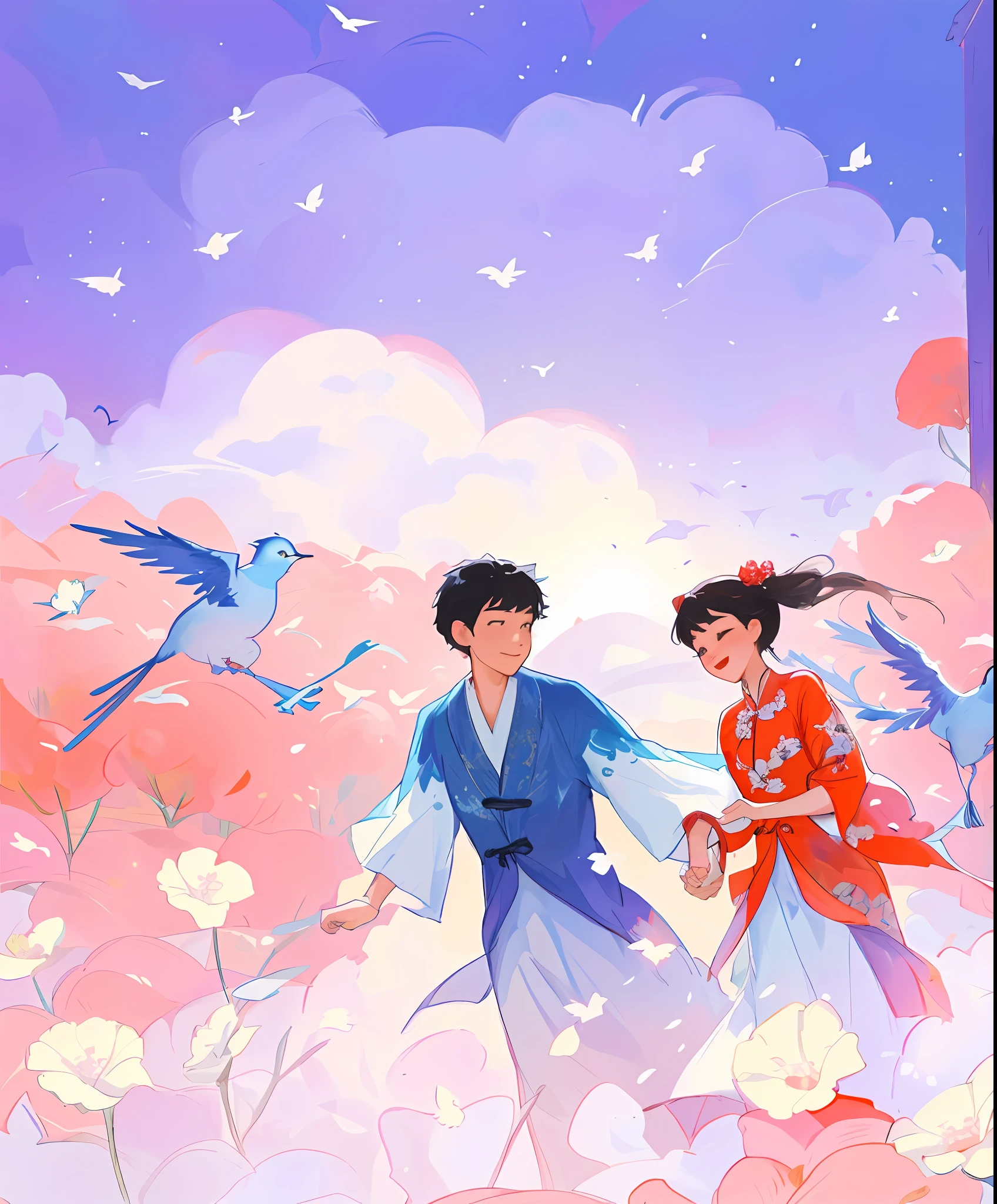 A man and a woman holding hands,Walk on many flowers,Surrounded by birds,chinese ancient costume, official fanart, Inspired by Disney, A beautiful artwork illustration, , boy girl traditional romance,8K,high qulity