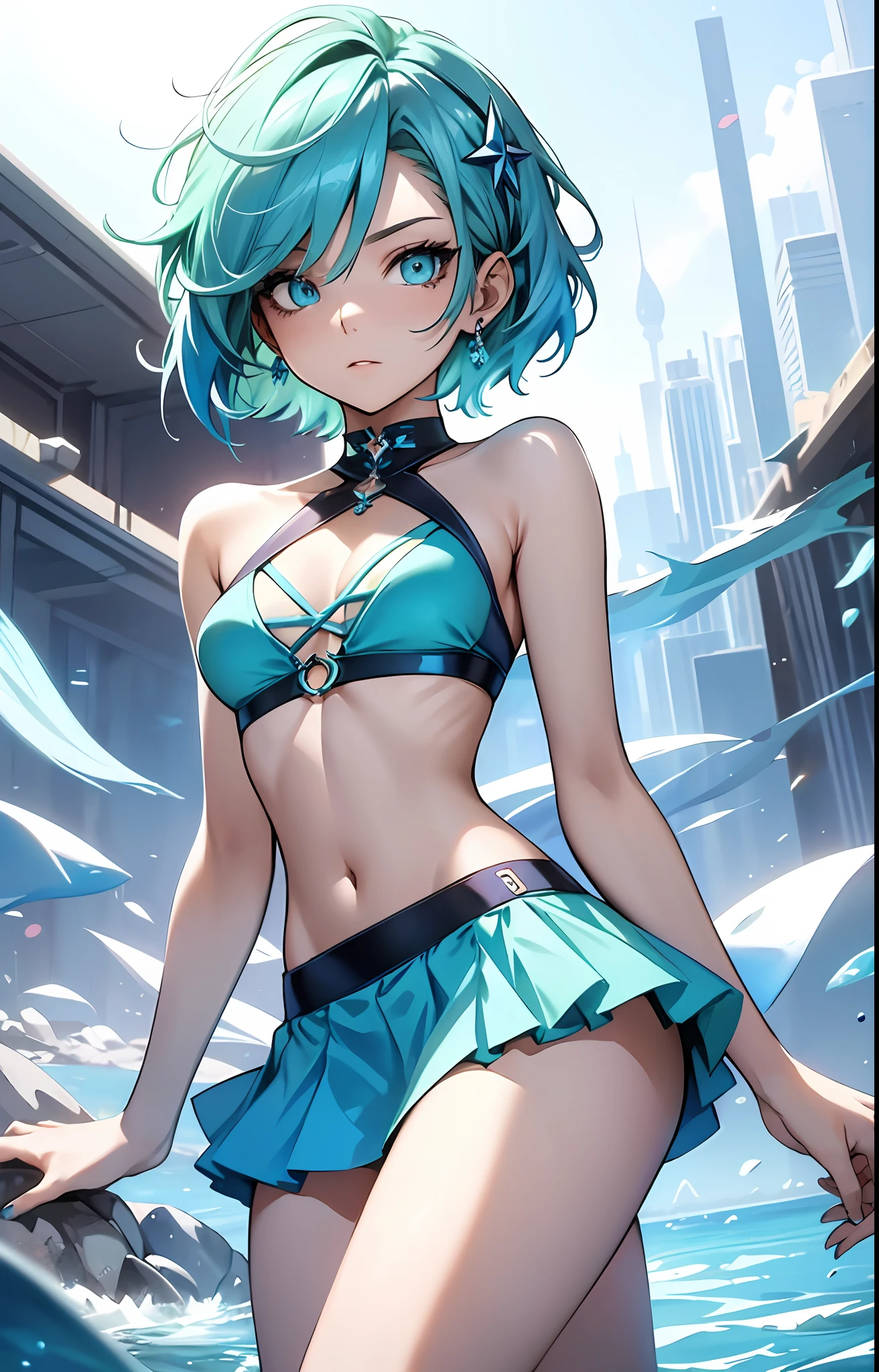 best qualityer，tmasterpiece，Ultimate resolution，downy，Extremely colorful，Colorful，waters，sexy beauty，Short blue-green hair，a matural female，blue bikini，Crop topping，short  skirt，bare-legged，nail art，Normal posture