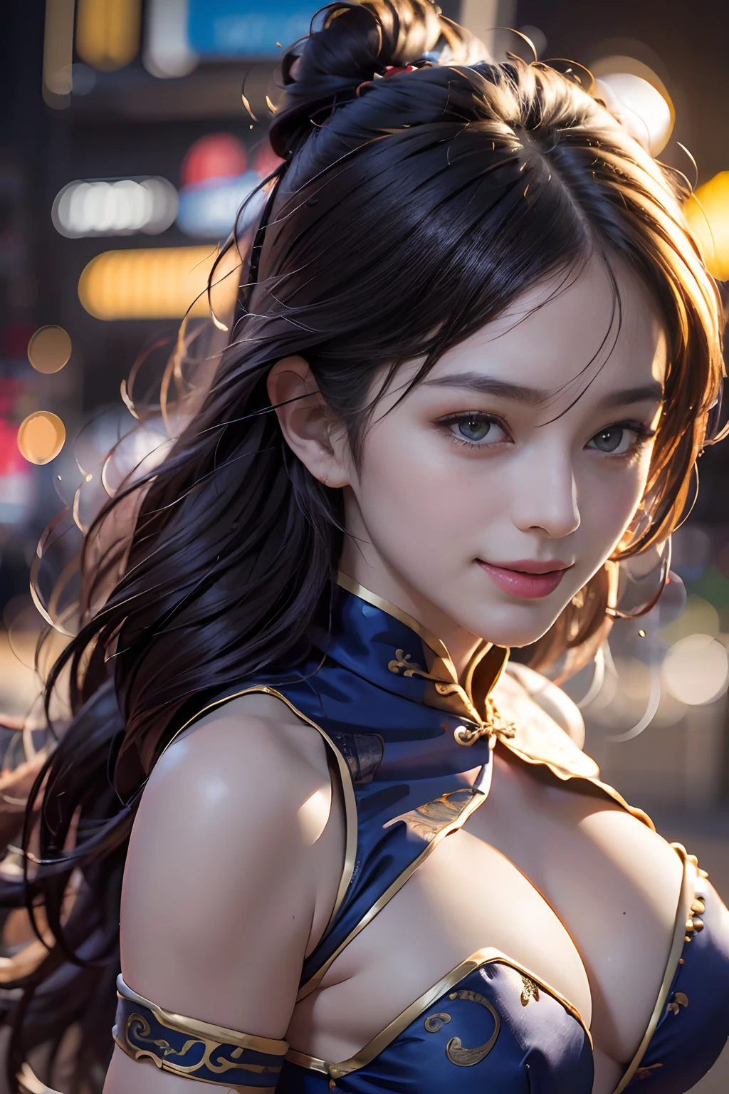 (8k, best quality, masterpiece:1.3), (highres:1.5), absurdres, ultra detailed, (1girl:1.3), (dynamic pose):1.0 BREAK, ((cowboy shot:1.3)), a extremely cute and beautiful girl, 1girl, full body, 32k, 16k, 8k, 4k, HDR, (RAW photo:1.3), (realistic:1.3), (photorealistic:1.3), ultra-detailed, sharp focus, BREAK, Times square garden at night, detailed background, BREAK, twin-buns hair, chestnut hair, (facing the viewer:1.25), (large-breasted:1.25), ((royal blue stain Chinese dress:1.5)), (cleavage cut-out gothic dress:1.25), (detailed dress:1.25), lace, brown eyes, Ultra-detailed face, Detailed eyes, Double eyelid, chestnut hair, cleavage, (Beautiful Breasts:1.3), (Abs, Slender Figure: 1.2), Sharp Focus, (((Intricate Details)), High Detail, frame the head, (sexy model pose, (look down back:1.35), (thrust out one's hip:1.35)), (seductive grin smile:1.35), perfect anatomy, perfect proportion, blush, seductive emotion, studio soft light, cinematic light, detailed background, realistic, ultra-realistic, frame the head,