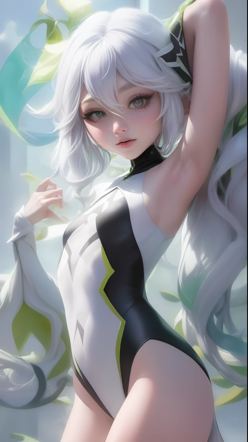 "((best quality,best ilumination)), Cute model with long white hair and athletic body, abdomen detalhado (((vestindo a SPIDER-GWEN))), seios acentuados e destacados, dynamic pose, fundo colorido, high saturation, luzes vibrantes." corpo inteiro (((cabelo branco)))