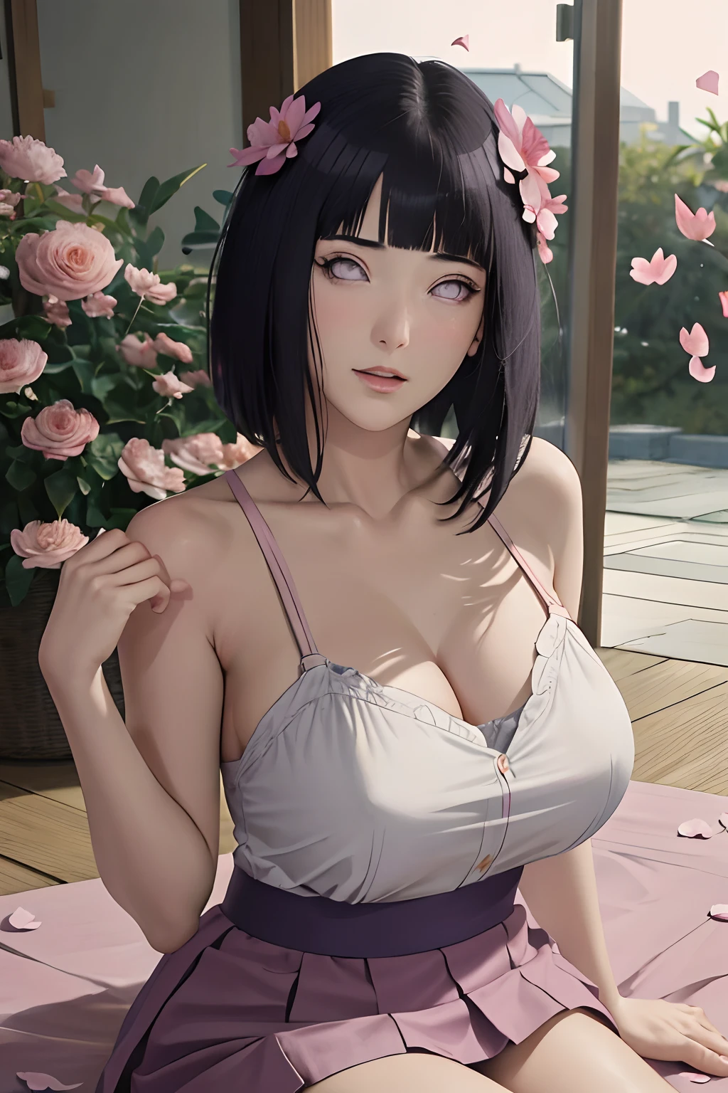masterpiece, absurdres, hinata hyuga, 1girl, solo,mature female, spaghetti strap top,high waist short skirt, looking at viewer, (falling petals), perfect composition, detailed lips, big breast, beautiful face, body propotion, blush, (pink lips), long hair, purple eyes, soft gaze, super realistic, detailed, photoshoot, realistic face and body, ultra detail body, sexual expression, seductive expression,
