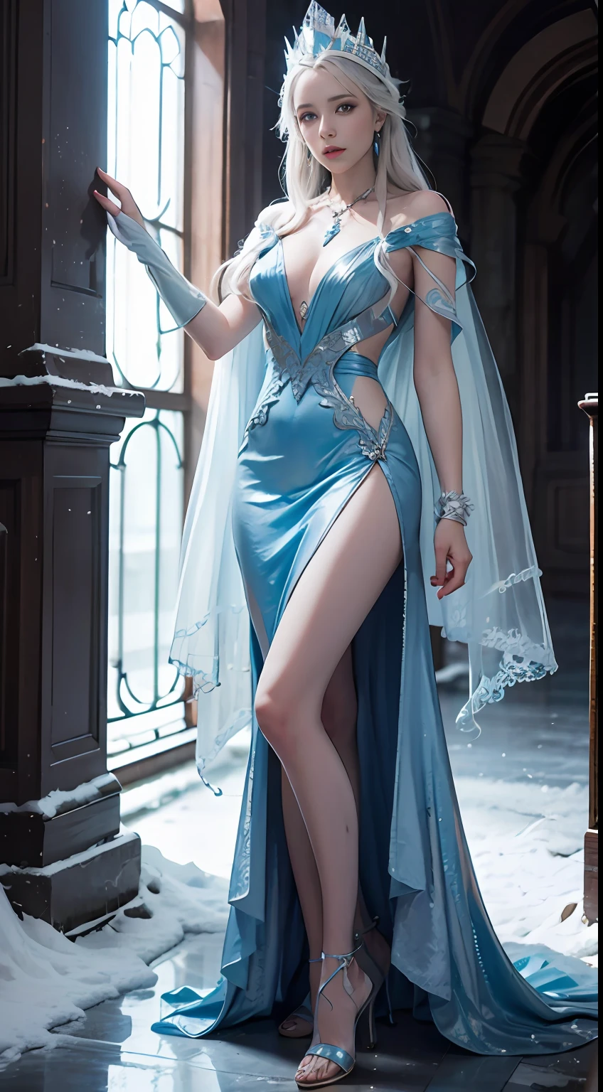 Snow Queen, Ice Blue Dress, Long Hair, Ice Headgear, Ice Crystal Necklace, Ice Wand, High Heels, Icy Eyes, Breath of the Ice Queen, Top Shot, Loose Hair, Master Works, Best Picture Quality, More Detail, Ultra High Resolution, Mood Lighting, Soft Light, Ambient Lighting, Pixiv Trend, Best Image Quality, More Detail, Ultra High Resolution, Ambient Lighting,