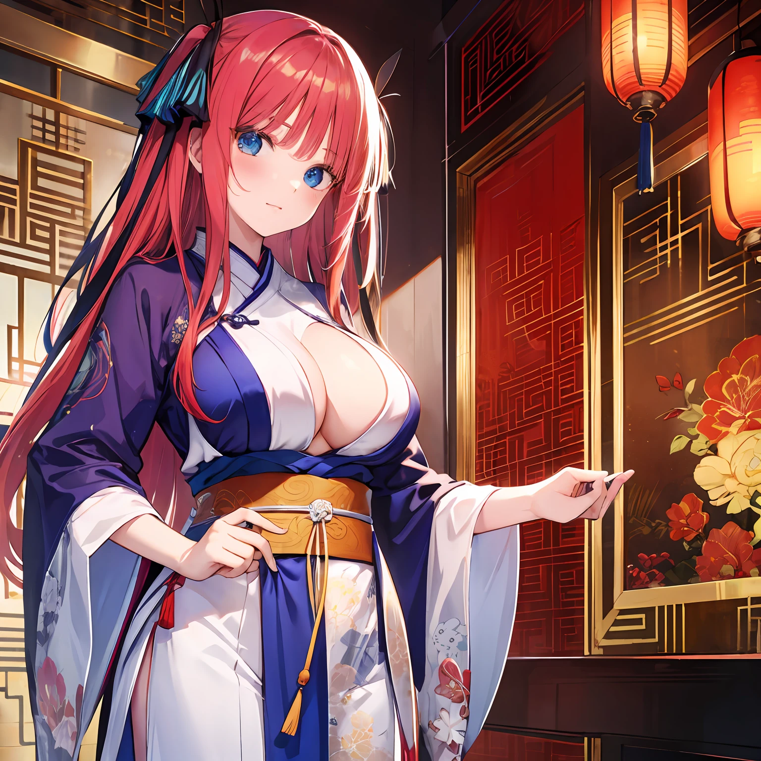 tmasterpiece,best qualityer,A high resolution,Red hair,huge tit,blue color eyes,Hanfu,hair adornments,Jino Nakano,Chinese background sexy