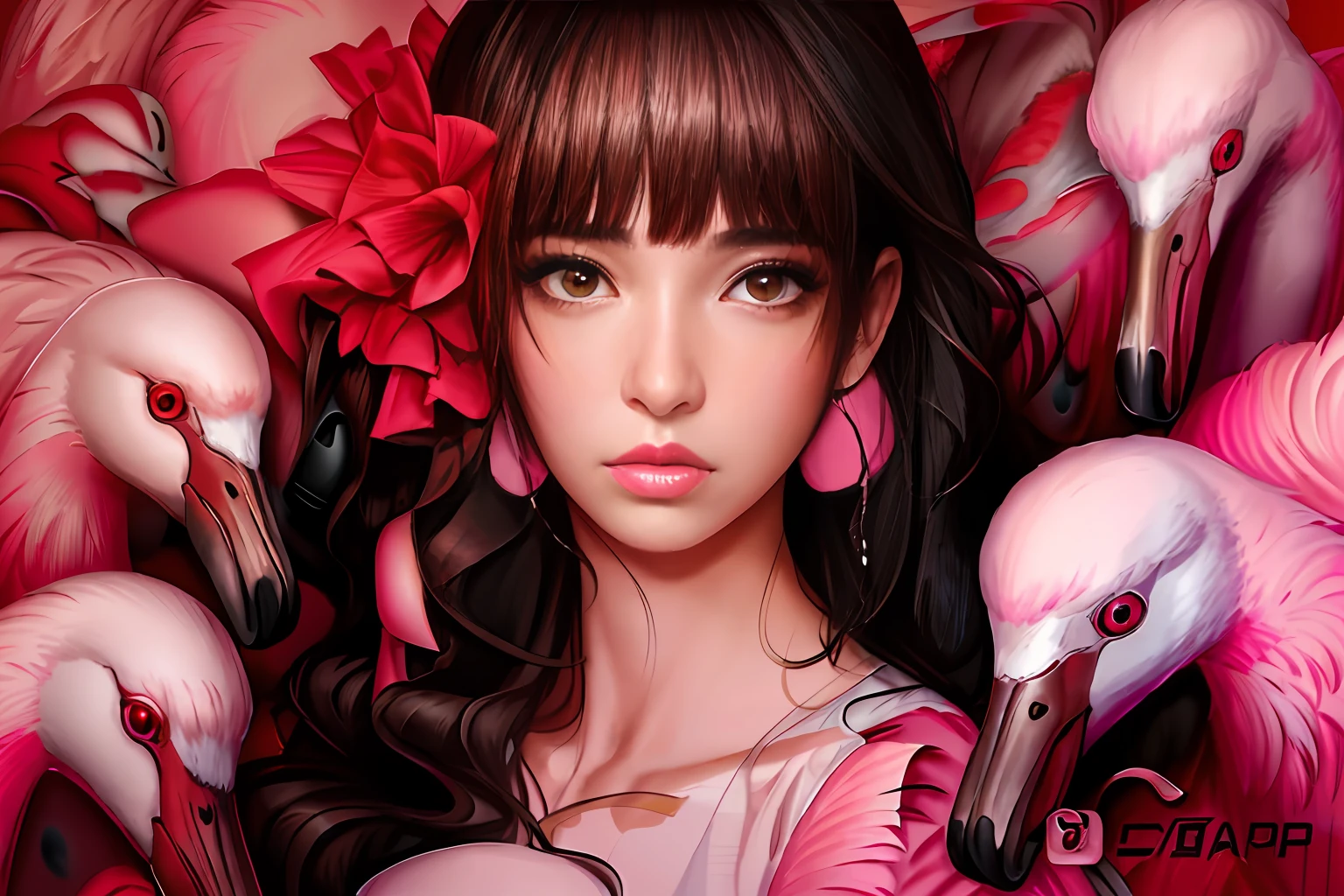 （A woman who is，dark brown  hair，She wears a bouquet of pink tie flowers on her head，The face is flushed，grin face，The corners of the mouth are raised，The eyes are laughing：1.7），Very affinity,（A flock of flamingos，Pink beak，White feathers：1.5），（White feathers，Yellow-eyed flamingos：1.8）， Guvez style, Kawaii realistic portrait, trending on cgstation, guweiz masterpiece, Beautiful digital illustration,mood light，cinmatic lighting，gouache painting，Pure lust