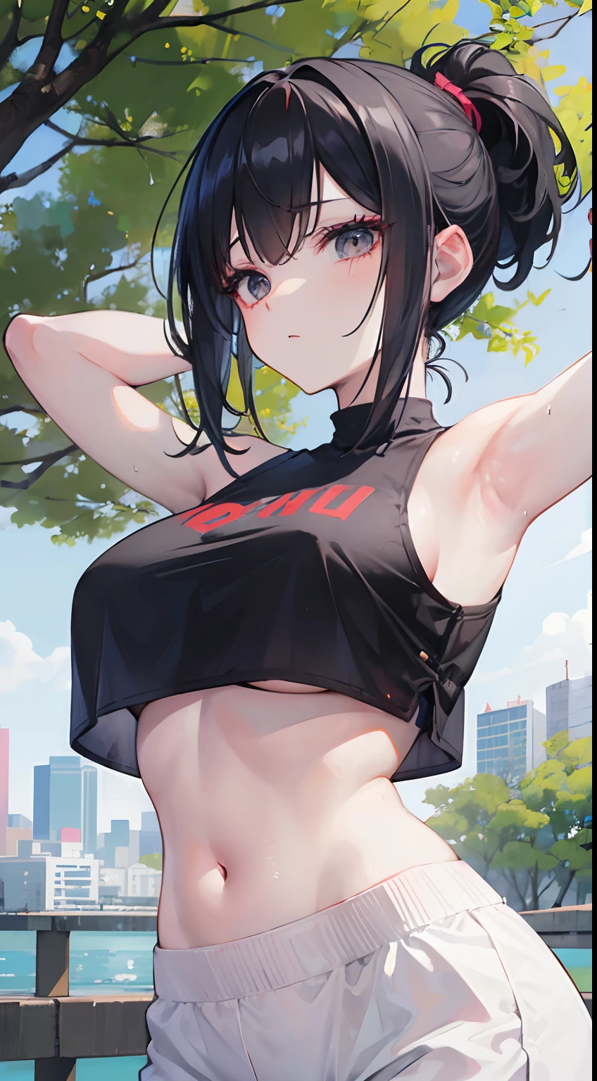 ((masutepiece:1.2, Best Quality)), 1girll, short detailed hair， Black hair, Upper body, view the viewer, Pants, a plant, Daytime, korean streetwear, Running, Exhausted, tired expression, full of sweat, Outside, By the river, Casual style, Cyberpunk style, (Black crop top:1.3), black yoga pants, Casual wear, White sneakers, People with backgrounds々, ighly detailed, Perfect face, Dynamic Pose,Low ponytail，Colossal tits，natta，