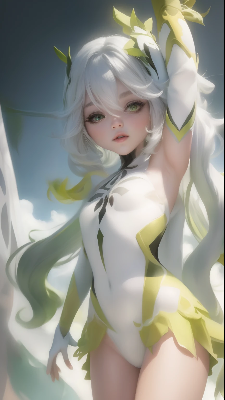 "((best quality,best ilumination)), Cute model with long white hair and athletic body, abdomen detalhado (((vestindo a SPIDER-GWEN))), seios acentuados e destacados, dynamic pose, fundo colorido, high saturation, luzes vibrantes." corpo inteiro (((Cabelo branco e verde))) ((detailed hands))