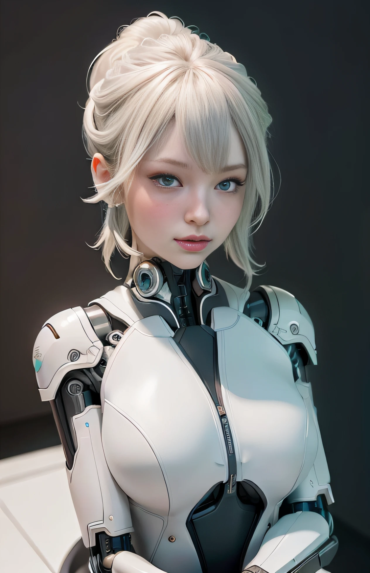 complex 3d render ultra detailed of a beautiful porcelain profile woman android face, Cyborg, cyborg robot parts, 150 mm, Beautiful studio soft light, rim-light, vibrant detail, Luxurious cyberpunk, Lace, Hyperrealistic, anatomically, face muscles, Cable Electrical Wire, micro Chip, elegant, Beautiful background, rendering by octane, h. r. Giger style, 8K, Best quality, Masterpiece, illustration, An extremely delicate and beautiful, Extremely detailed ,CG ,Unity ,the wallpaper, (Realistic, photo-realistic:1.37),Amazing, finedetail, Masterpiece,Best quality,offcial art, Extremely detailed CG unified 8K wallpapers, absurderes, unbelievable Ridiculous, robot, silver halmet, full bodyesbian, Sitting,The expression is gentle,ssmile