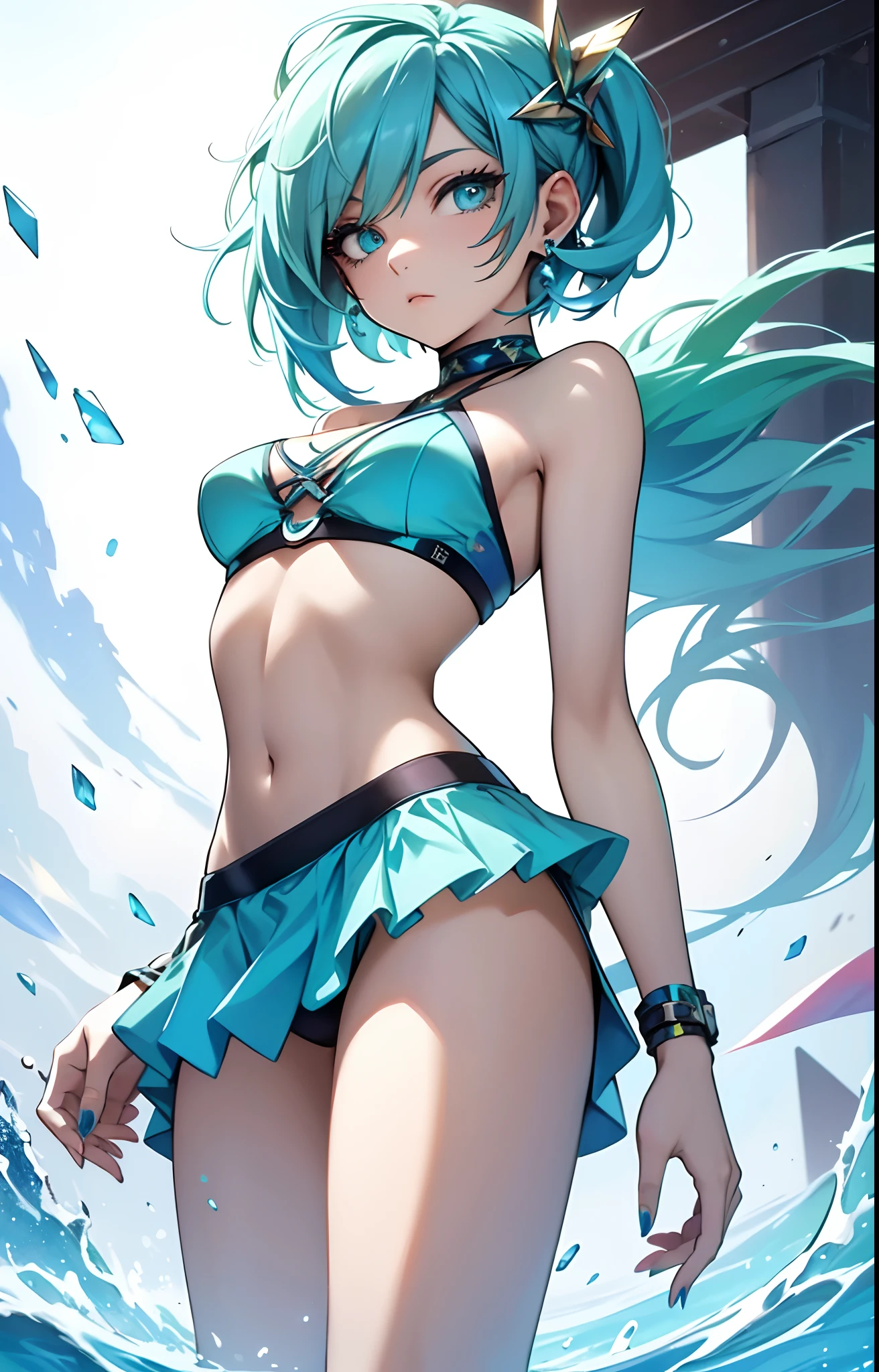 best qualityer,tmasterpiece,Ultimate resolution,downy,Extremely colorful,Colorful,waters,sexy beauty,Short blue-green hair,a matural female,blue bikini,Crop topping,short skirt,bare-legged,nail art,Normal posture