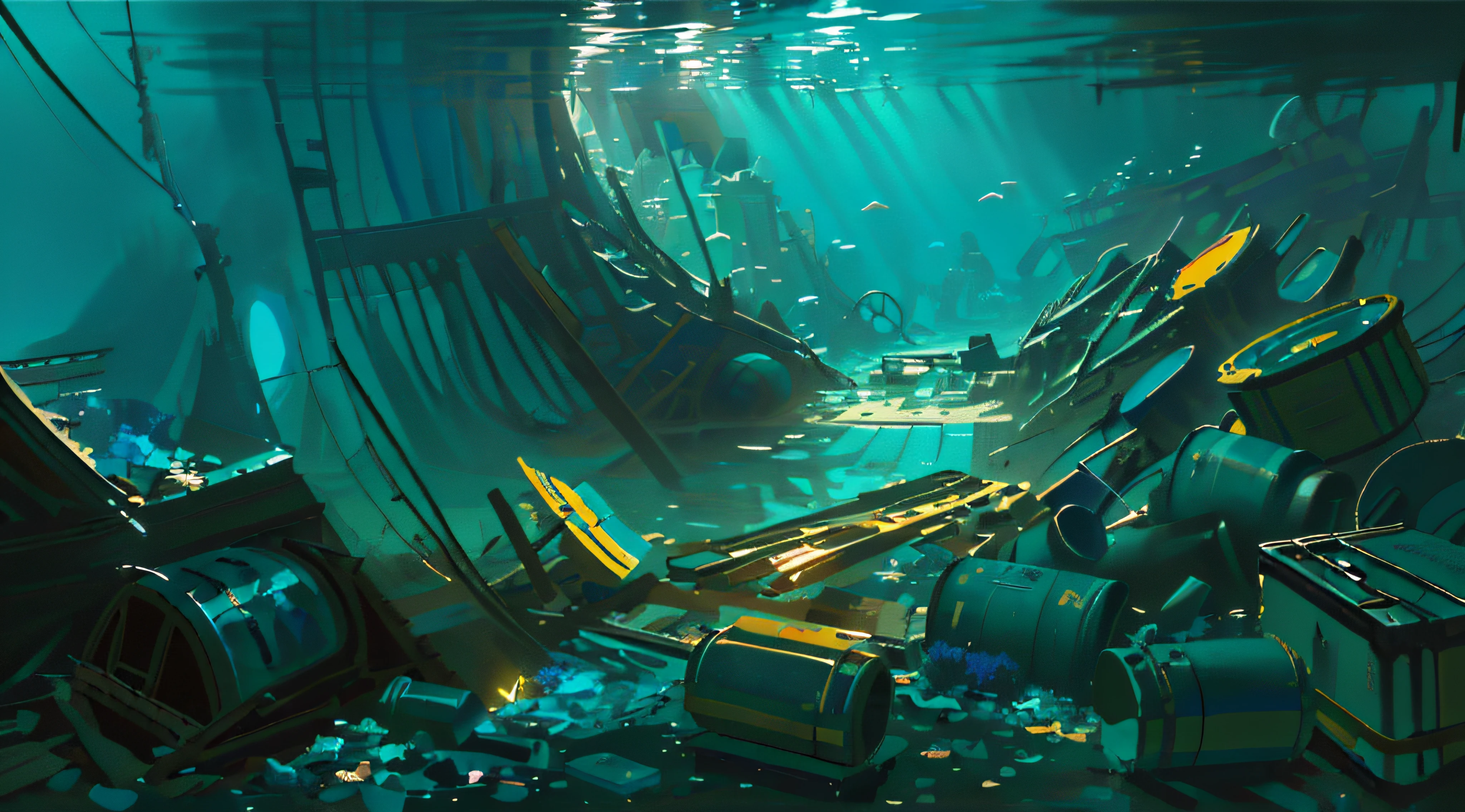 There is a lot of garbage、There is a room with a lot of garbage, underwater environment, undersea environment, 8k High Detail Concept Art, photorealistic dark concept art, Environmental Artist, in the art style of Filip Hodas, Aquatic market, rolands zilvinskis 3d render art, Dark underwater scene, Deep environment, beautiful 3 d concept art