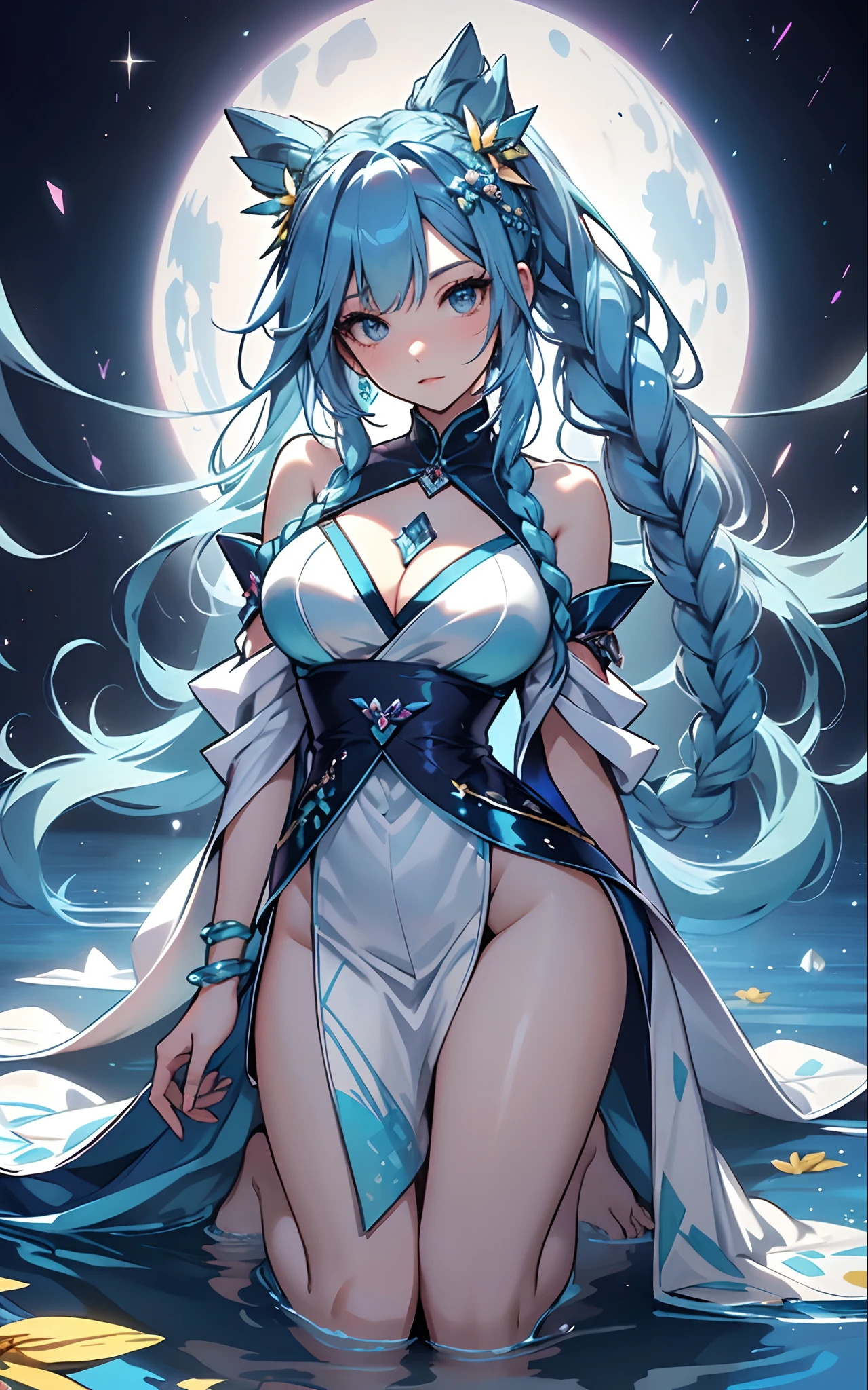 best qualityer,tmasterpiece,Ultimate resolution,downy,Extremely colorful,Colorful,water background,(Lake surface),Dancer,White kimono long dress,huge tit,hair-bun,Fine braids,(Long aqua blue hair),Blue lip gloss,a matural female,(The barefoot),Kneeling pose,daffodil,Normal posture