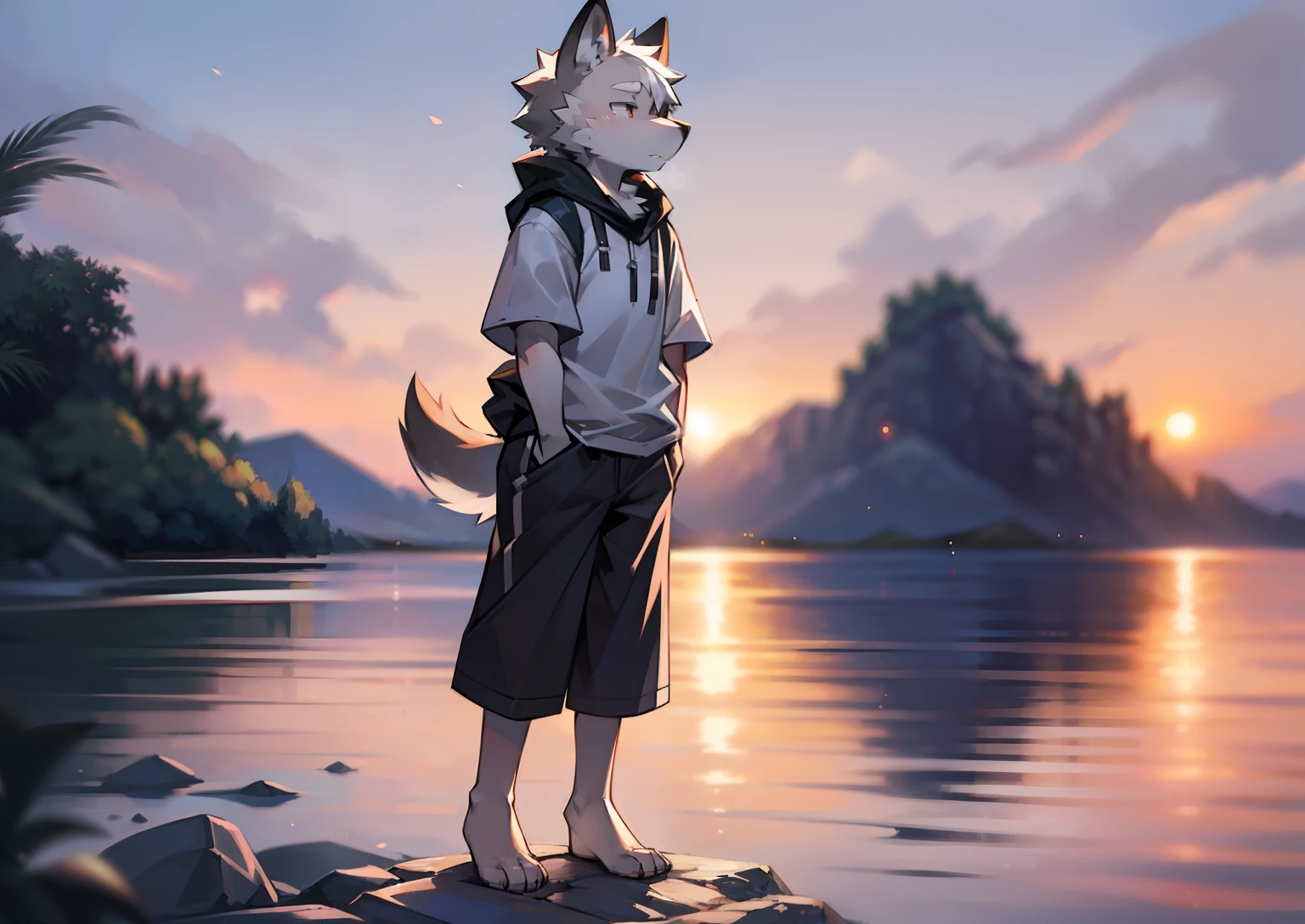 author：Jrjresq, author：Kirito,Libido boy，furry wolf，((Shota)), Black and white hair, Very good figure, Handsome，adolable, Light：Hazy light and shadow, Reflective skin,Reddish skin，((worn-out clothing，Commoner)) ，((beachside，standing on the rock，islands，独奏，solo person))，Outdoor sunset，((the detail))，（depth of fields，Full body photo），standing on your feet