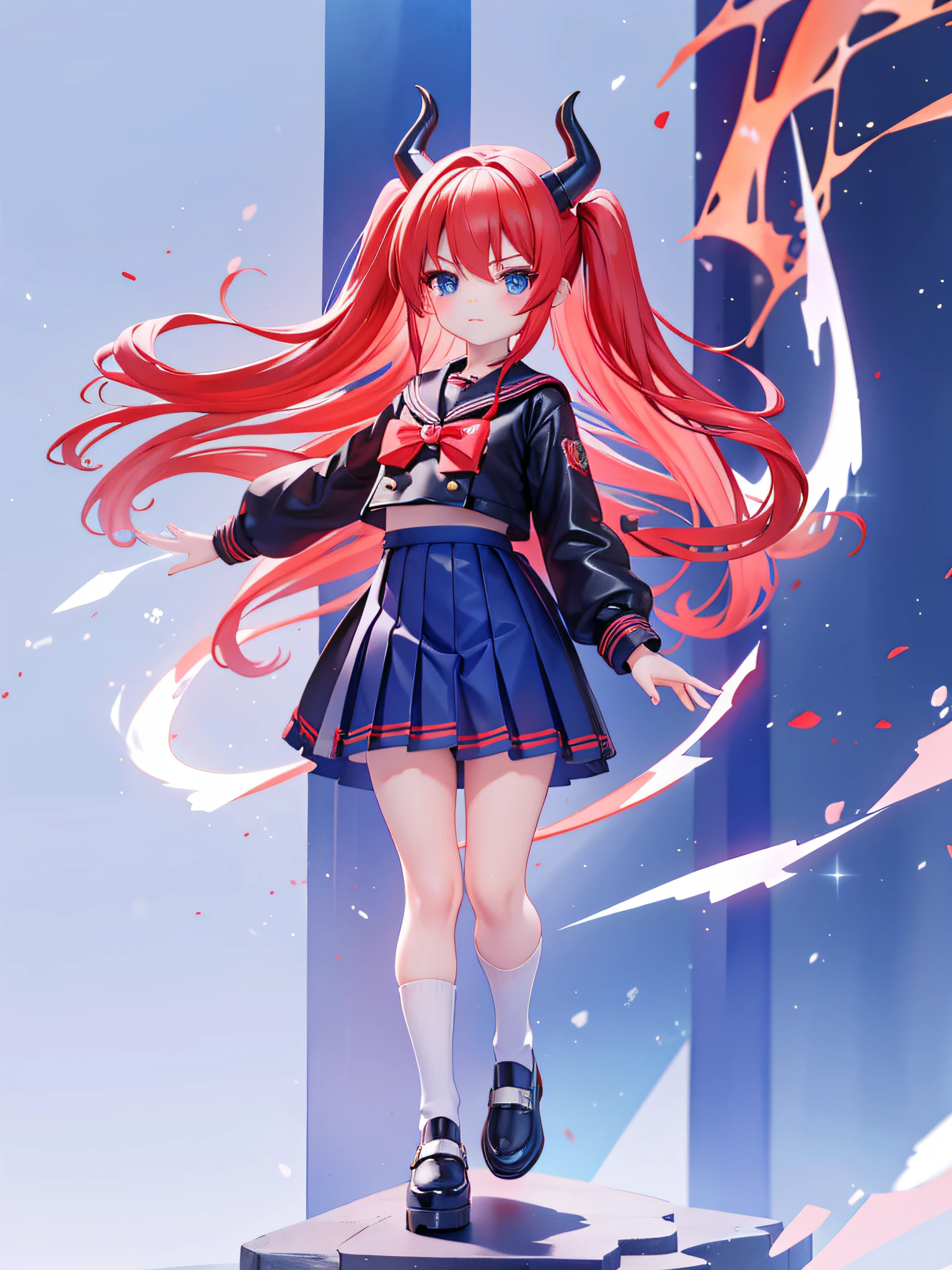Red hair, Blue eyes, double tails, Sailor suit,Black coat, Dragon horns,Pleated skirt,Solo,Loli,Cute,bow
