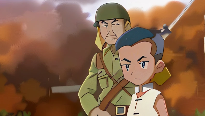 Anime scenes of men in uniform and boys in uniform, animated movie still, pokemon fighting at world war 2, animated movie still, Animated Movies, screenshot from the anime film, mario as a world war i soldier, animated movie shot, animated still, Goro Fujita and Jones, film still from an cartoon, japan soldier in world war 2,