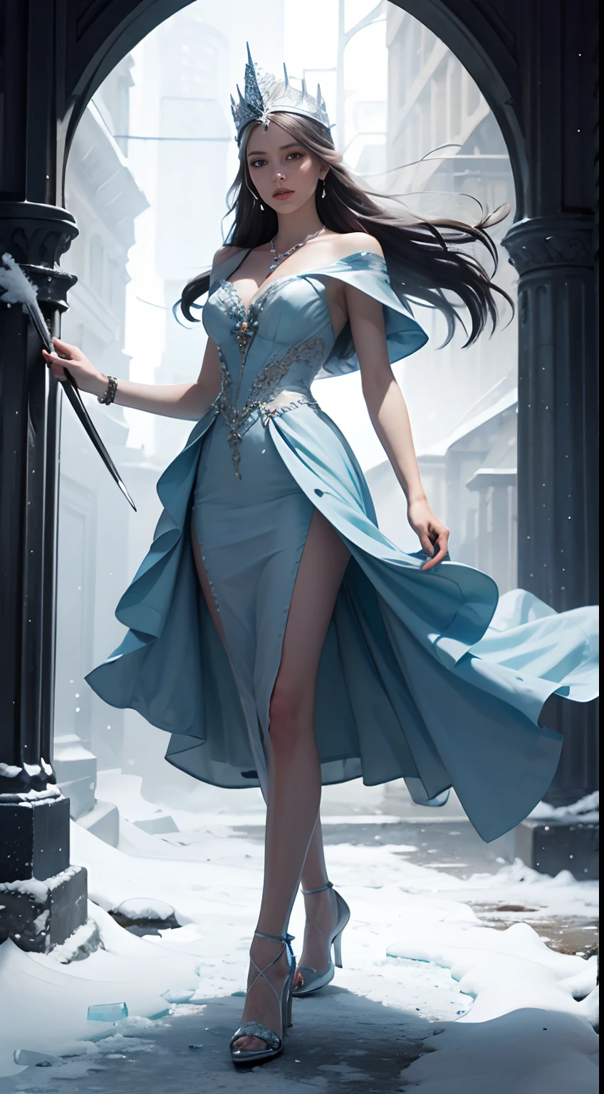 Snow Queen, Ice Blue Dress, Long Hair, Ice Headgear, Ice Crystal Necklace, Ice Wand, High Heels, Icy Eyes, Breath of the Ice Queen, Top Shot, Loose Hair, Master Works, Best Picture Quality, More Detail, Ultra High Resolution, Mood Lighting, Soft Light, Ambient Lighting, Pixiv Trend, Best Image Quality, More Detail, Ultra High Resolution, Ambient Lighting,