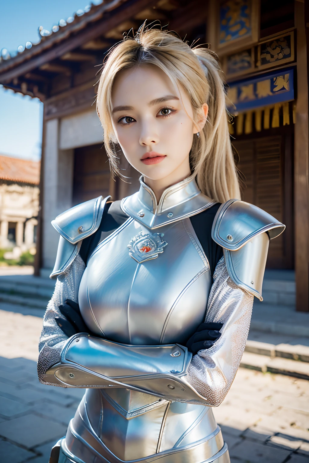 (8K, best quality:1.2), (masterpiece:1.37), (photo, photorealistic:1.37), (ultrahigh-res), half body, walking pose, shot from front, slow motion, female paladin wearing the full body, (light silver armour:1.2),(ornately decorated armor), (insanely detailed, bloom:1.5), (highest quality, Alessandro Casagrande, Greg Rutkowski, Sally Mann, concept art, 4k), (analog:1.2), (high sharpness), (detailed pupils:1.1), detailed face and eyes, Masterpiece, best quality, (highly detailed photo:1.1), (long blonde Hair, ponytail,ecstatic:1.1), (young woman:1.1), sharp, (perfect body:1.1), realistic, real shadow, 3d, (temple background:1.2), arms crossed over the chest
photographed by Canan EOS R6, 135mm, 1/1250s, f/2.8, ISO 400
