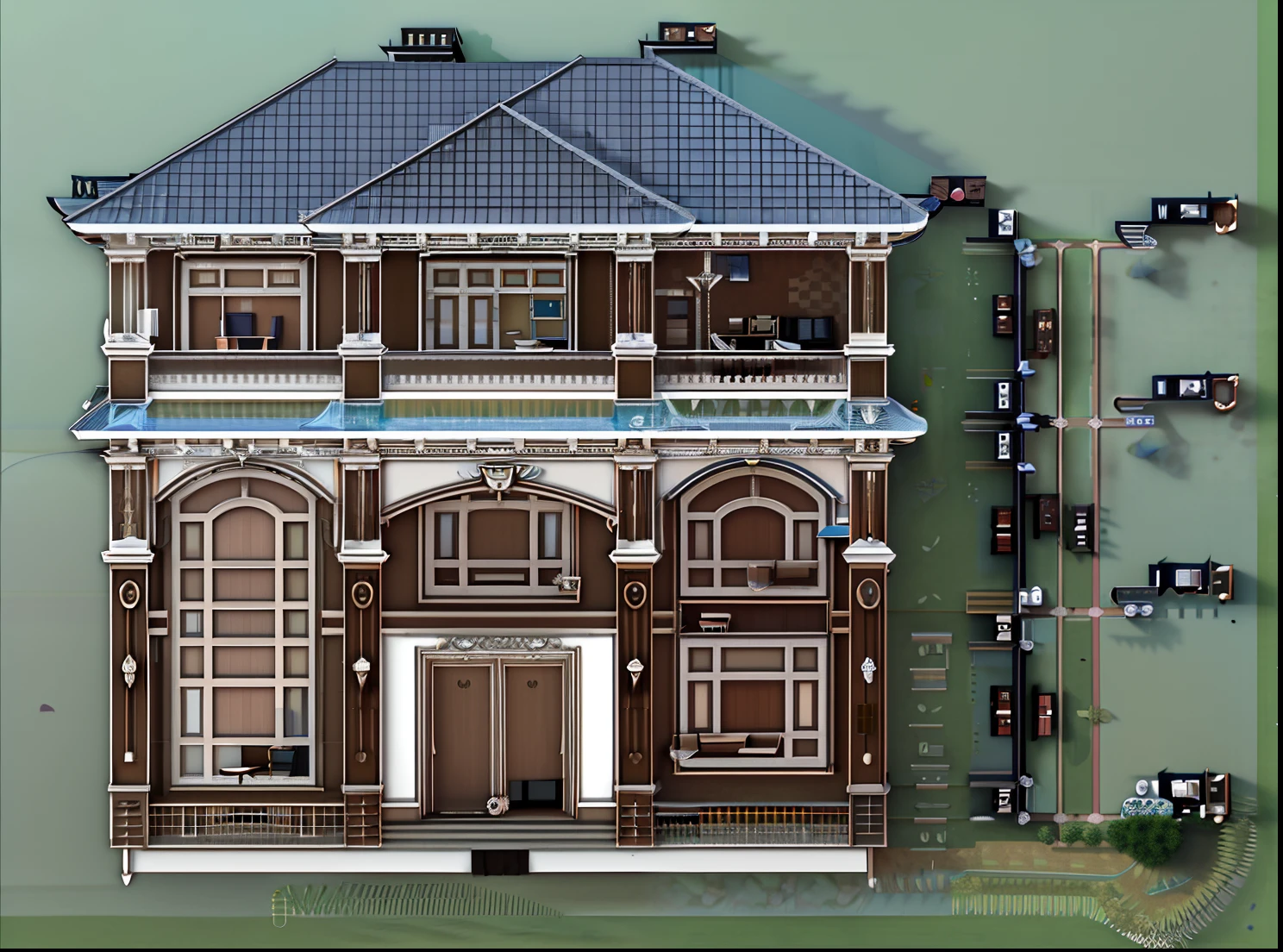 Drawings of the house with a large front porch and balcony, 2 D AutoCAD, an extremely detailed building, AutoCAD, Detailed architecture, inter dimensional villa, architectural details, cad, Highly detailed architecture, detailed designs, highly detailed design, a detailed drawing, Architectural design, architecture design, high detail drawing, 3 d highly detailed, 3d highly detailed