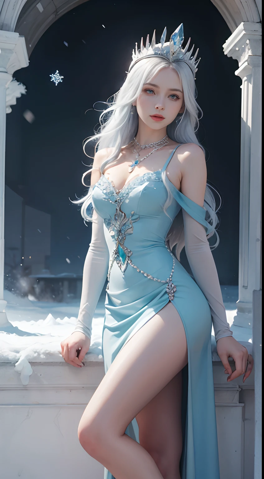 (raining day:1 girl with blue and white hair, Hold a wine glass,Girl), tmasterpiece, best qualtiy, RAW photogr, realisticlying, the face, Incredibly Ridiculous res, Beautiful elf beauty,Elf Princess,head chain,ear studs,Get wet all over, (Extra long blue and white),Lilac Lolita dress,light yarn,heeled sandals,depth of fields, A high resolution, ultra - detailed, filigree, RAWE is very detailed, very detailed eyes and faces, Sharp pupils, realistic pupil, tack sharp focus, cinmatic lighting,full bodyesbian,Bigboobs,long leges,From the front side,Throne on a snowy day,dynamicposes