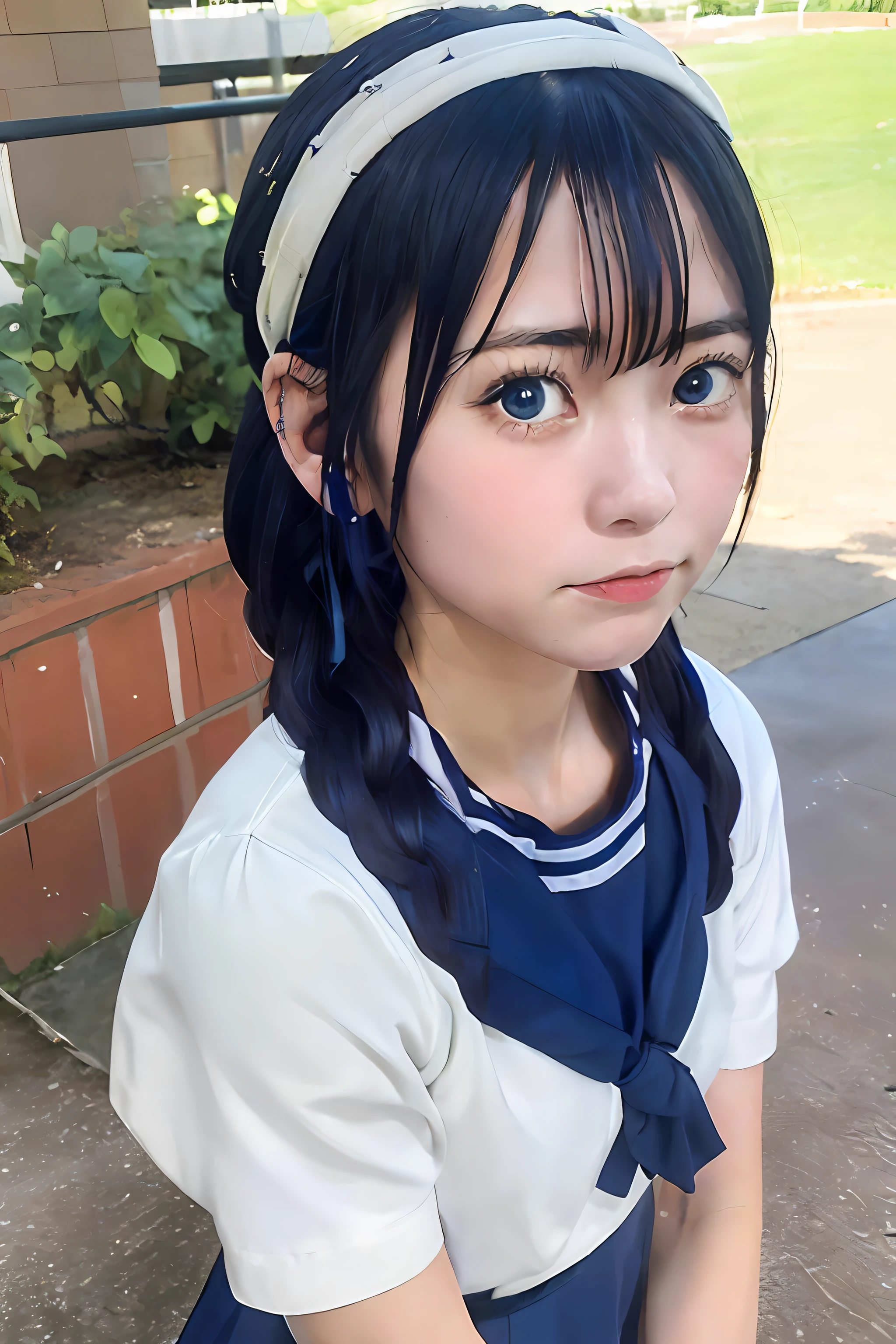 1girl in, Solo, School, masutepiece,  Beautiful face, riko, School uniform, serafuku, Blue eyes, head band, Blue hair, Braided hair, Cowboy Shot, Upper body, Closed mouth、cute little