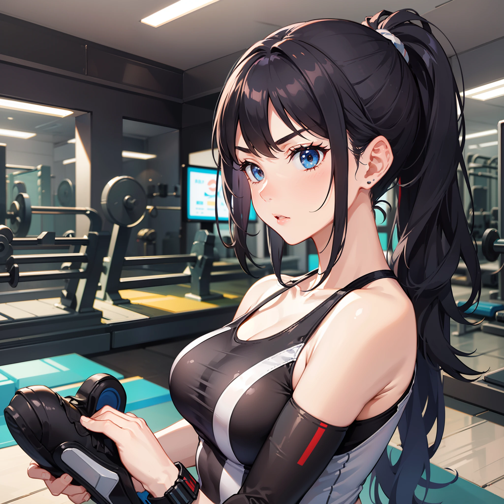 1. Idade: Age28
2. stature: 168 cm
3. hairstyle on: poneyTail、black hair with hair length to the middle of the back,,,
4. Face: Serious and、Sharp eyes。well-formed eyebrows and high cheekbones,
5. body type: muscular and toned body。
doress:
1. Tops: Tight Black Sports Bra、Transparent white tank top on top
2. Bottoms: Blue Sport Leggings。white stripes on both sides,,.
3. shoes: Memory foam black and white training shoes
4. accessorized: Wristband on the wrist to support muscle training。Short silver necklace around the neck
Deadlift Pose