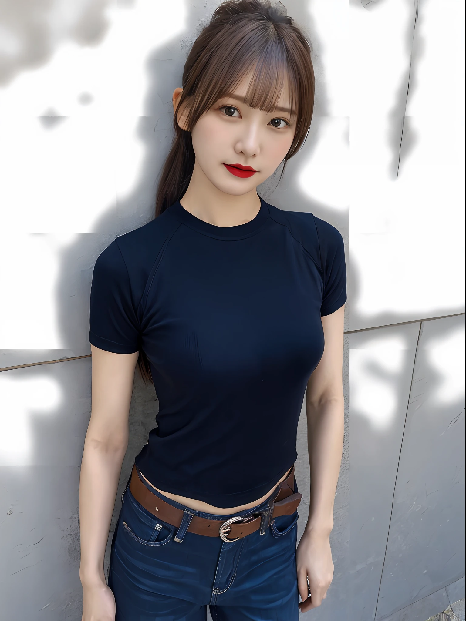 Cute dark skinned Chinese girl wearing glasses, detailed skin tight jean shorts, tights shirt, mid size butt,