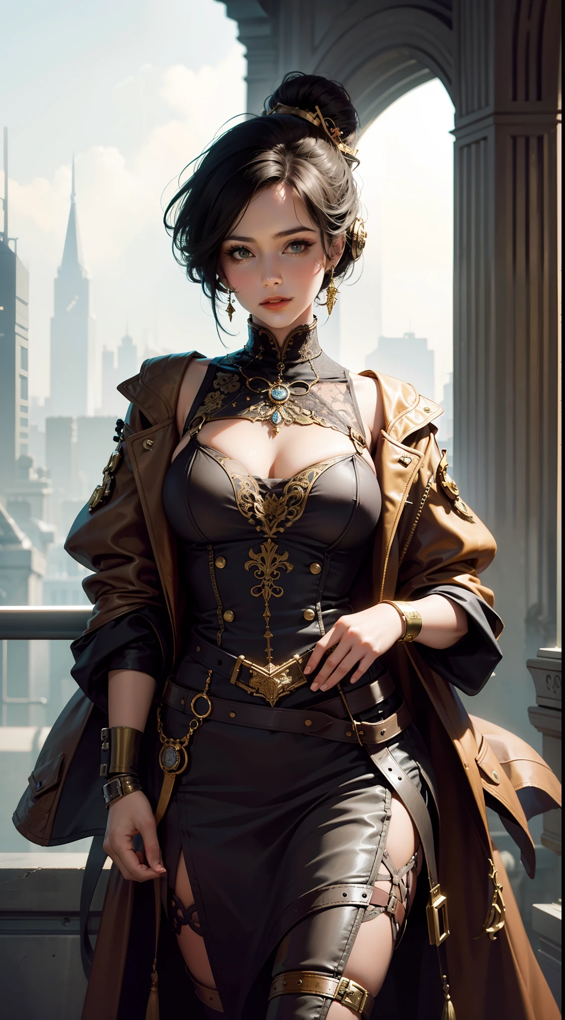 (masterpiece, top quality, best quality, official art, beautiful and aesthetic:1.2), (1girl:1.3), extreme detailed,(Steampunk:1.2),colorful,highest detailed, post office, writing letter