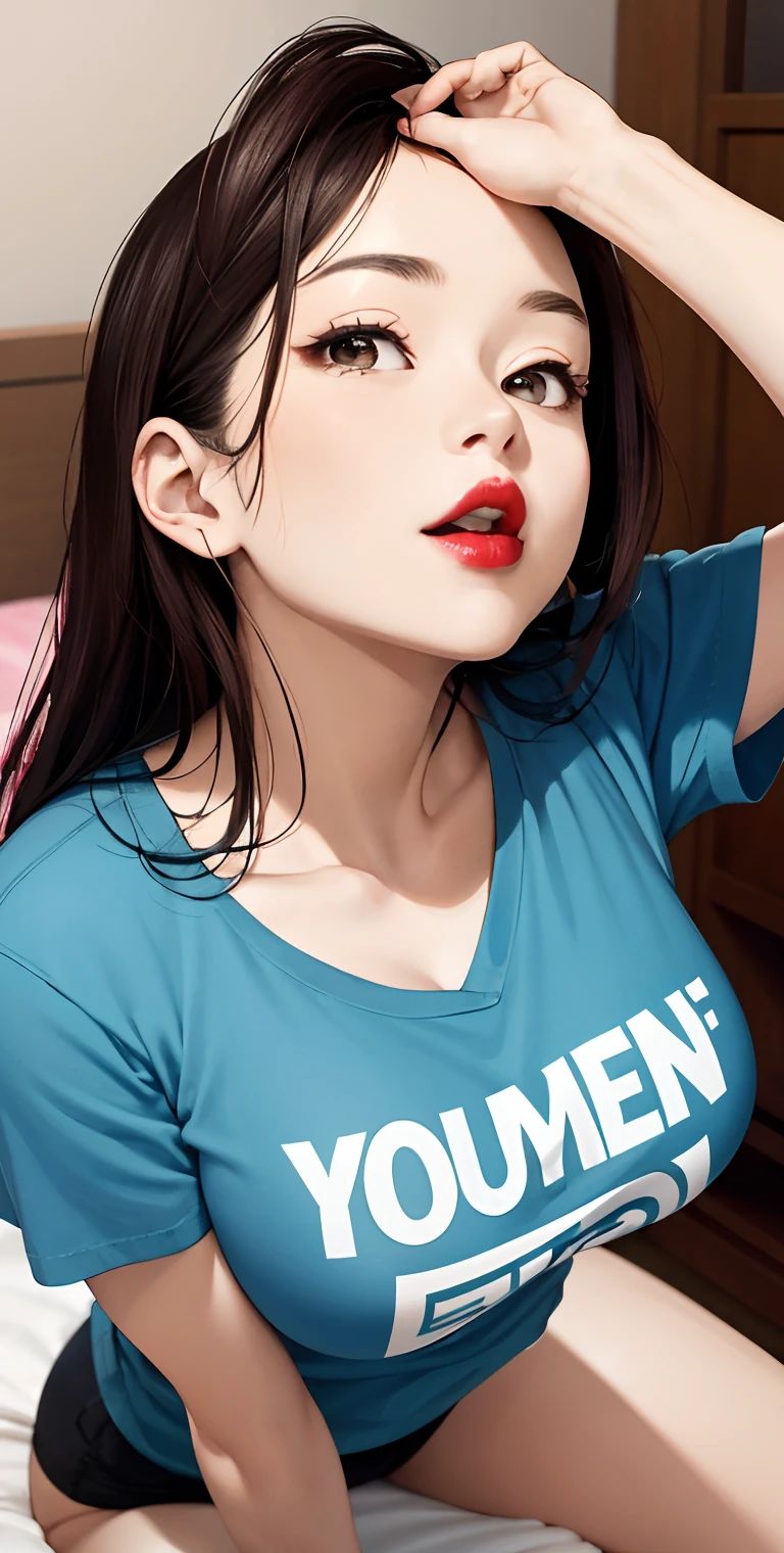realisticlying、Two 45-year-old girls、T-shirt wearing,Face enhancement,Chest super large zoom,Cleavage emphasis,Looking up from the bottom,Blushing,Red lips,A sexy,Bed sit,Open your mouth wide、Put your arms around the back of your head、Wearing underwear
