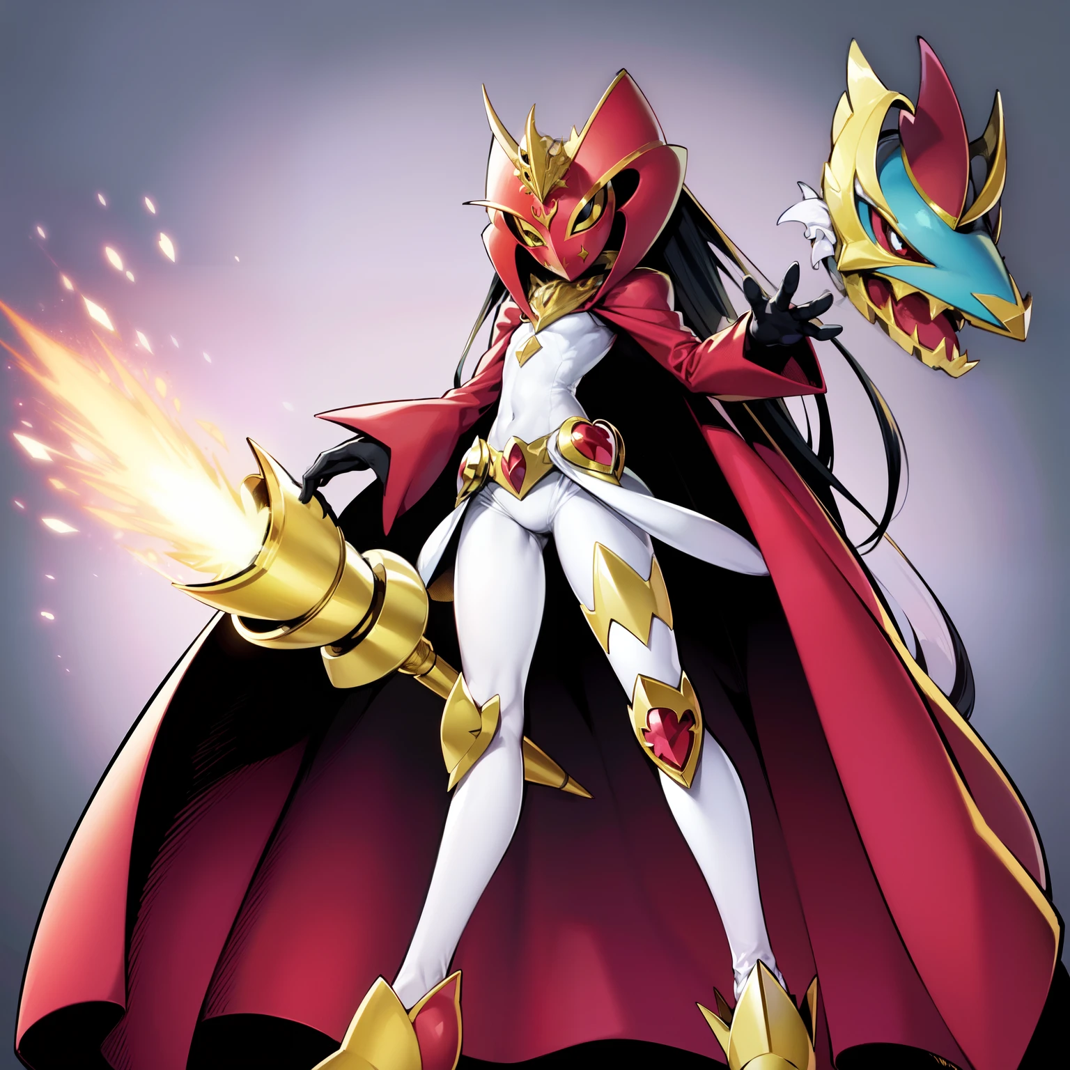 (masterpiece, best quality:1.2), solo, male focus, ((1boy)), ((riddle rosehearts as a Digimon 1.0)), angry, closed mouth,pout , looking at viewer, holding a scepter, mini crown, white shirt, cape, Pants ((white , black ,red and gold color scheme:1.4)),(( pink skin))((queen of hearts themed 1.1)), ((Plant monster)), fairy ,digimon \(creature\),(( Lilimon inspired:1.5 )),(( mouth covered by mask)),((heart Details))