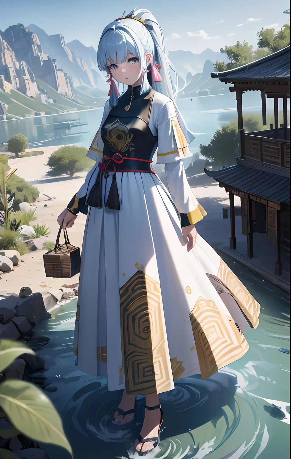 best qualityer，tmasterpiece，Ultimate resolution，downy，Extremely colorful，Colorful，Oasis background，Chinese woman，cabelos preto e longos，a matural female，A long white dress in the style of an ancient building，a white long skirt，Treading water，Desert oasis，Yellow River，Normal posture