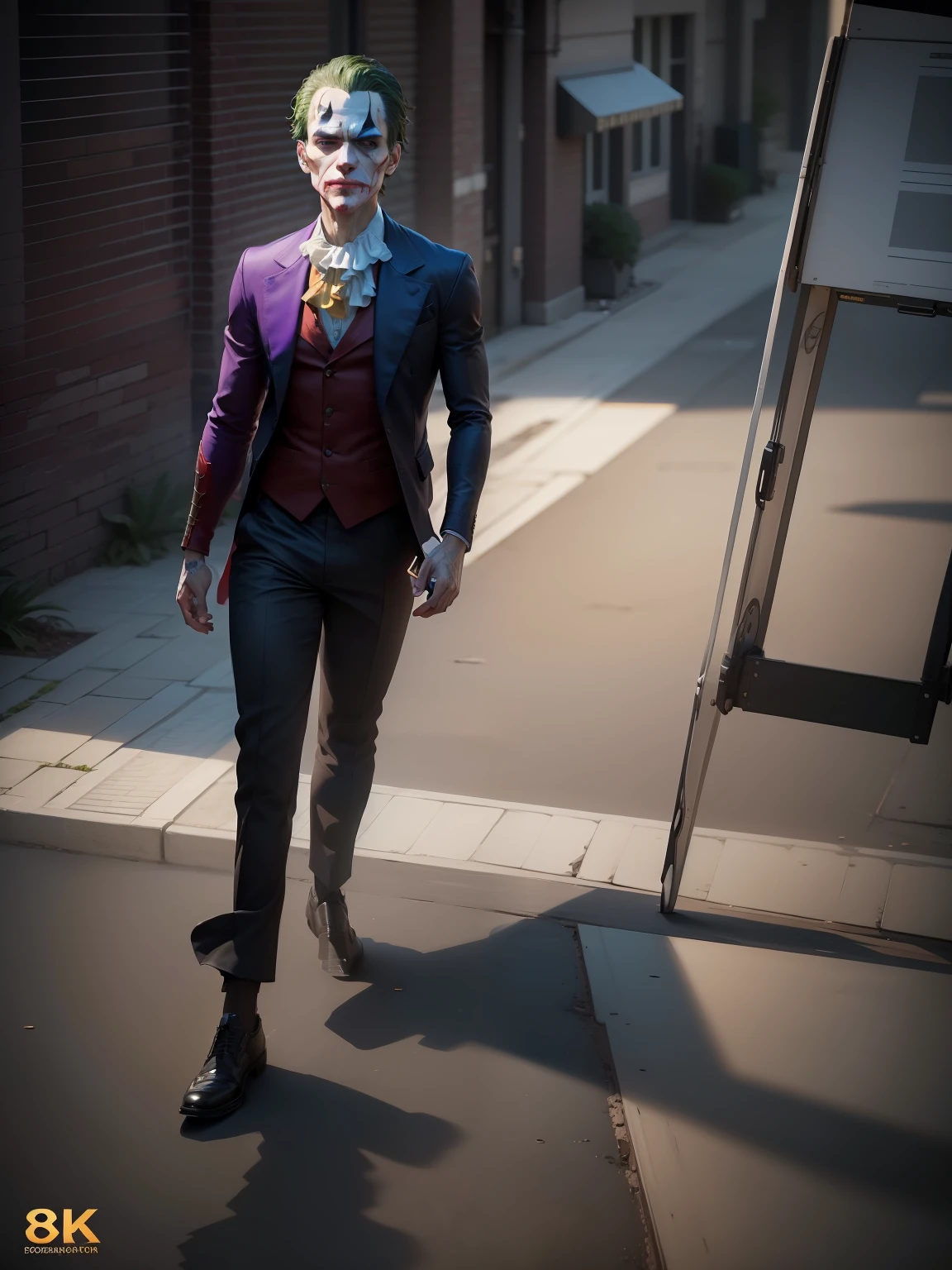 (8k, RAW photo, best quality, masterpiece:1.2), ultra detailed, official art, photo-realistic:1.37, upper body shot, DC Joker, film grain, action pose
