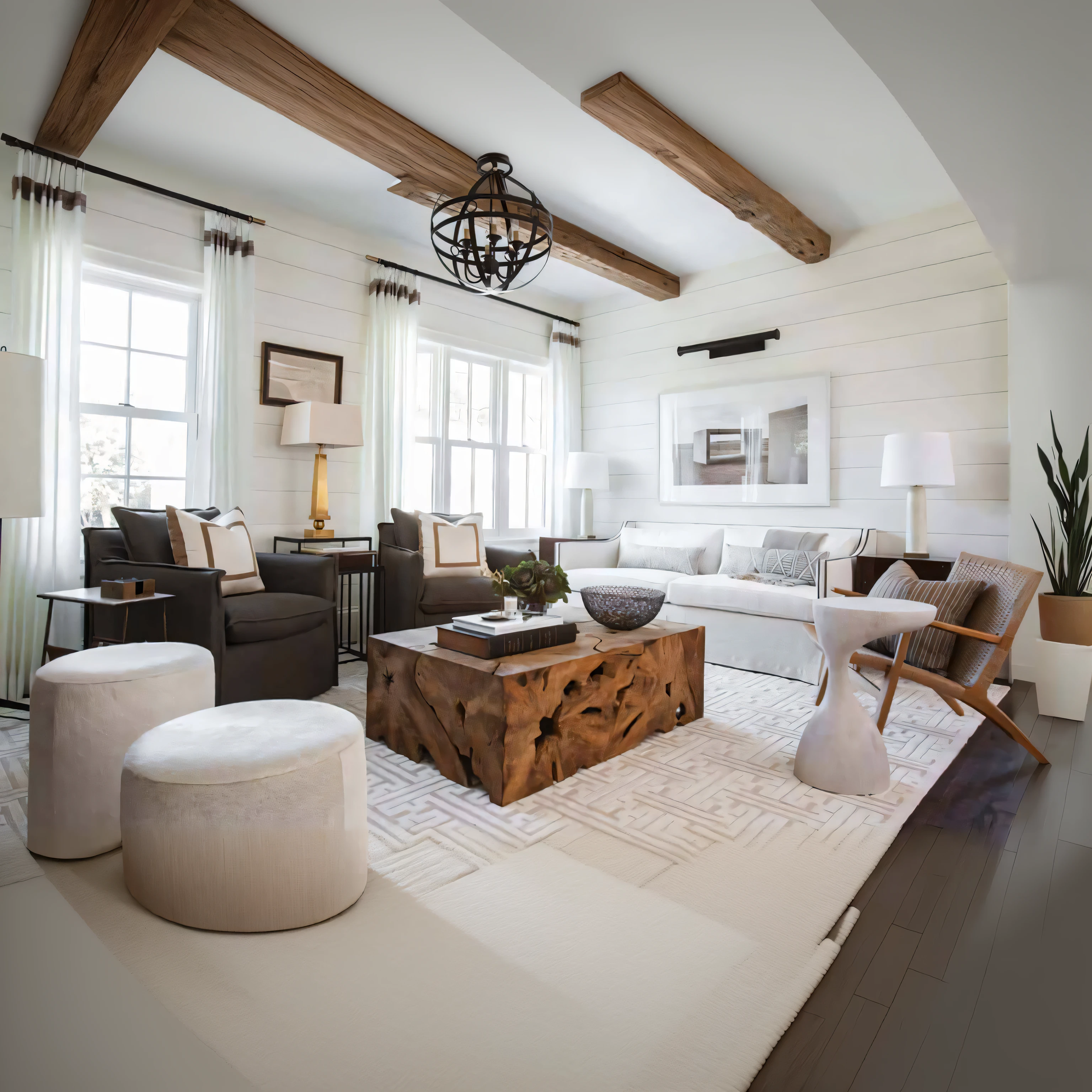 arafed living room with a couch, a chair, ottoman, and coffee table, serene and peaceful style, pristine and clean design, wood accents, brown and white color scheme, modern rustic, popular interior design style, living room interior design, cozy living room interior, very cohesive, functional and elegant look, clean and pristine design, accurate and detailed