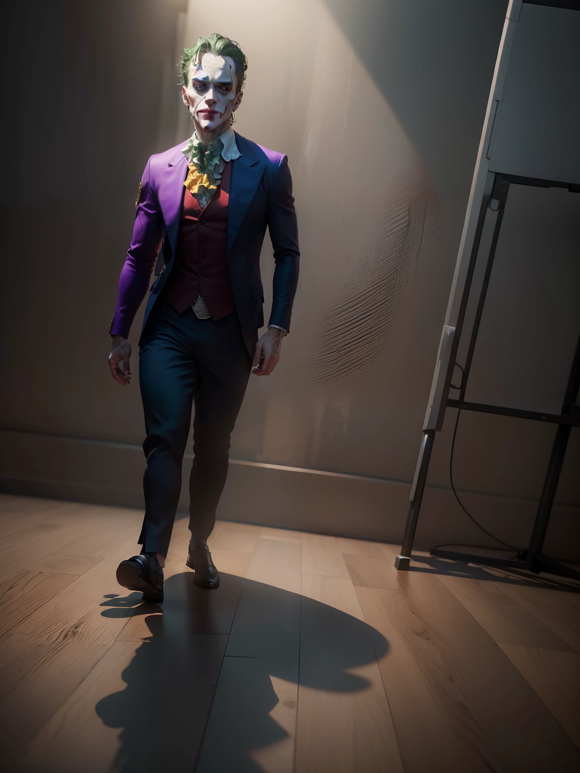 (8k, RAW photo, best quality, masterpiece:1.2), ultra detailed, official art, photo-realistic:1.37, upper body shot, DC Joker, film grain, action pose