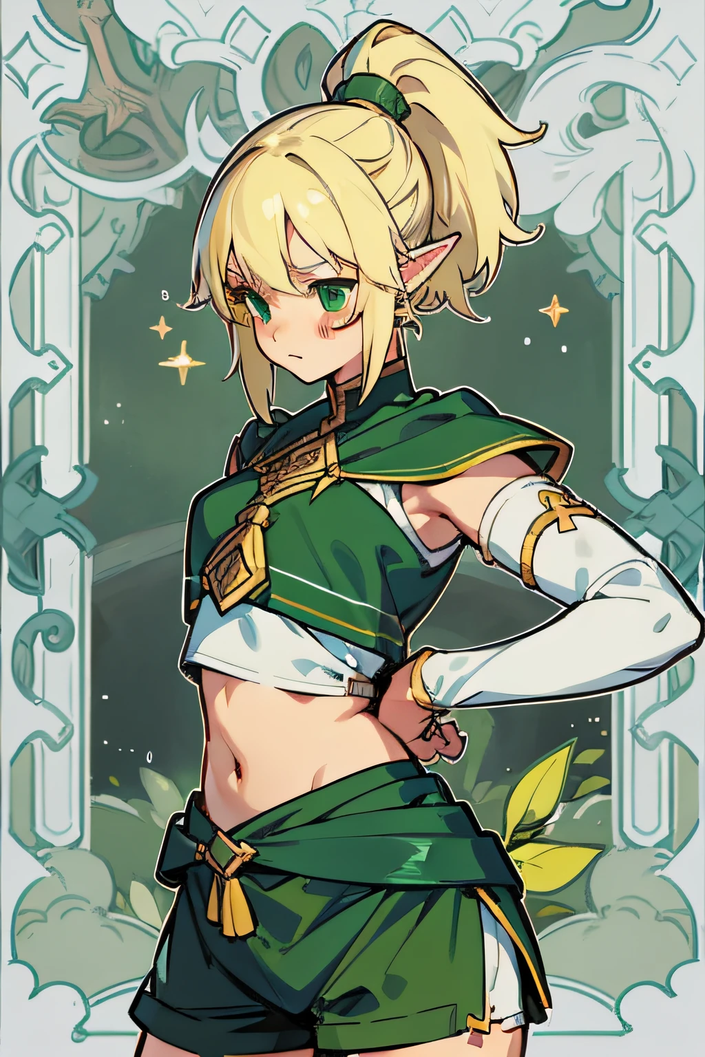 Cute blonde elf,With a ponytail,Elven female archer,The upper body is wearing a green bandeau,The lower body is wearing green tight shorts