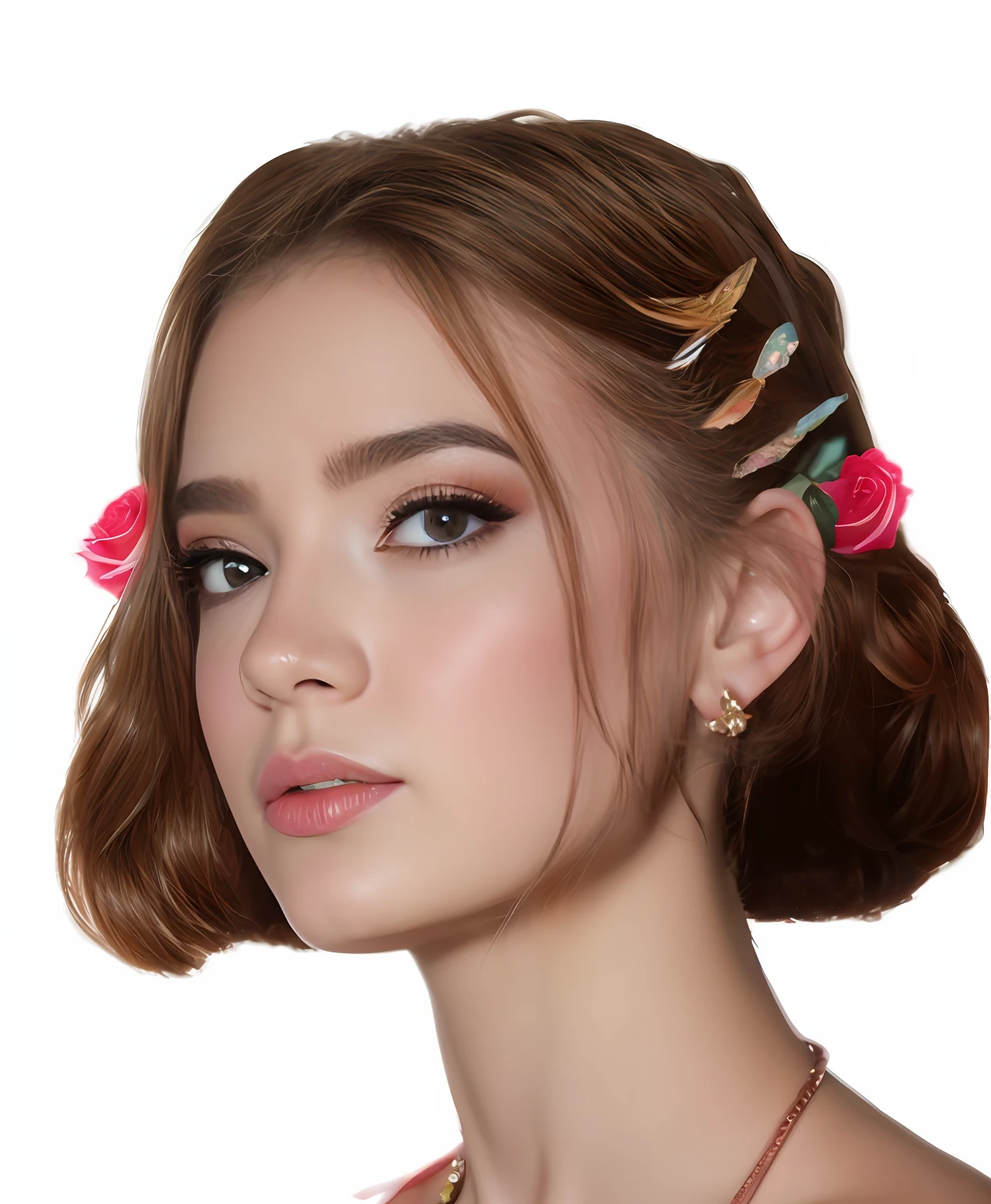 chica con rosas y colores en el pelo, estilo impresionista , realista, pintura al oleo, armonioso, obra de arte hermosa, fondo de estallido de colores y salpicaduras de pintura. estilo pop,4nya
