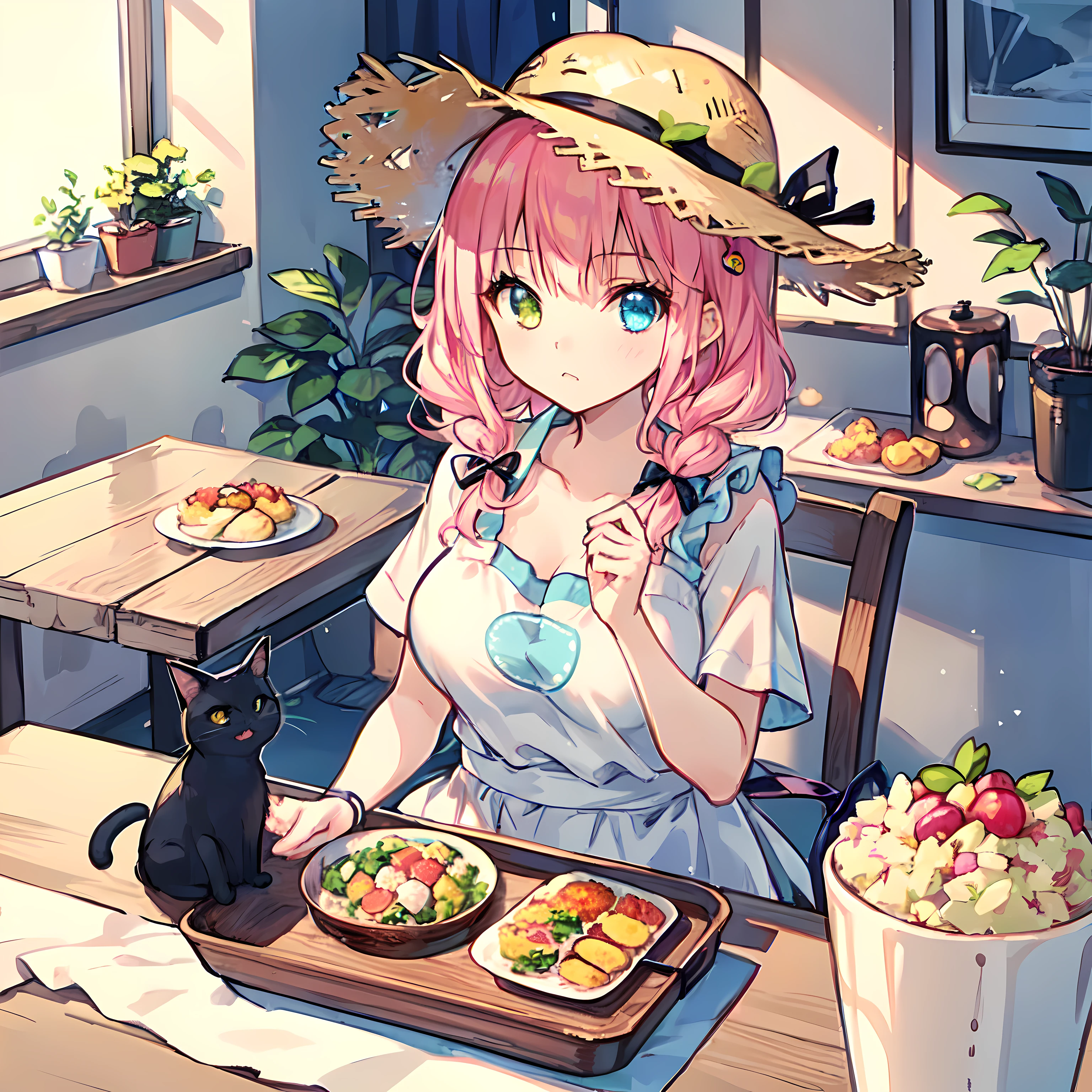 (Highly detailed CG Unity 8k wallpaper), (Best Quality), (Super Detail), (Best Illustration), (Best Shadow), POV, Realistic lighting and shading, Natural light, Lens flare effect, BREAK, 1 beautiful girl, Solo,(Cute:1.5),(Chibi:0.8), (kawaii:1.5),(Lori:0.5), BREAK, ( (17 years old girl), Very detailed, colourfull, highest details, BREAK, (Huge breasts: 1. 2,), Clear skin, Beautiful skin, Shy skin, 1 beautiful girl,{Heterochromia,pale blue eyes,pale green eyes:1.5}, star eye silhouette, Break HA , (A pink-haired, Medium length:1.2),(Braided hairstyle:1.1),(Large breasts:1. 5), (long eyelashes, Double eyelids: 1. 2), Solo, gleaming skin, , Solo, gleaming skin, BREAK,(White Plain T-Shirt:1.2), (:C:1.2), (Yellow Long Skirt,Black cat and apron :1.1), (pumps:1.1),(Straw hat with ribbon:1.3),BREAK,(in a house:1.5),Angle from the front, (Tray available,2 glasses and 2 omelet rice on a tray:1.1), (inside in room: 0.5) One Person, (mansion), (Dining background,Dining table,Meals for two,Fried rice on a platter at the dining table,Chopsticks,Placemat:1.2), Jump in surprise,Open mouth, (Sunlight: 0.3), (Lens Flare: 0.3), (frombelow: 1.25),breasts up