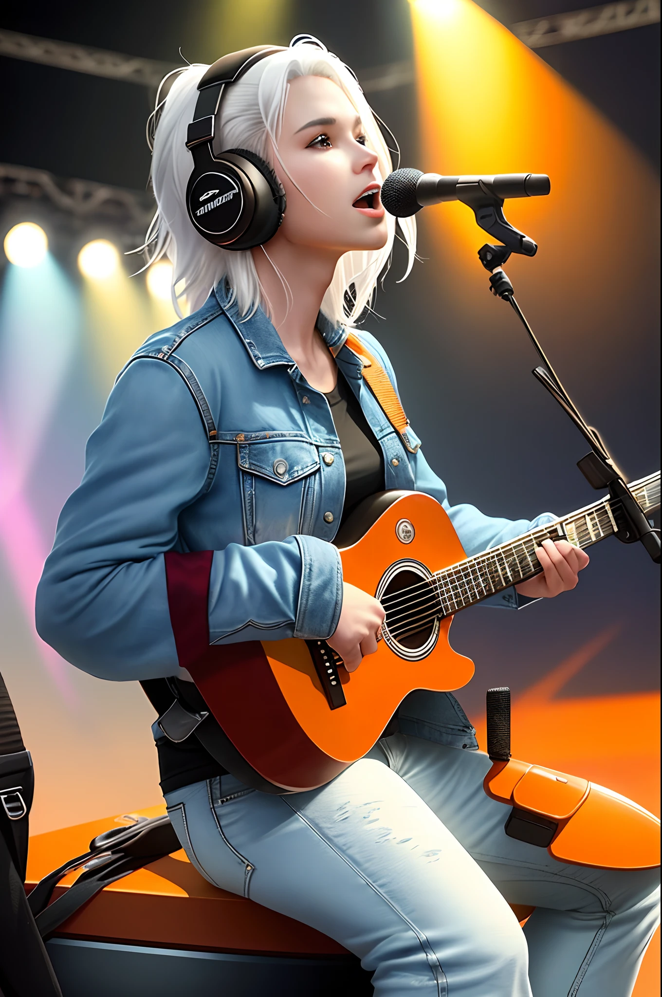 a pregirl,Sitting on a motorbike,Holding the guitar,With a headset,Singing,The stage lighting is rich in color,White hair,Orange and loose-fitting clothing,denim pant,tmasterpiece,Cinematic effects Detailed details,Official 4k,Depth of field effect,depth of fields,blurryforeground,The background is blurred out,middlebreast