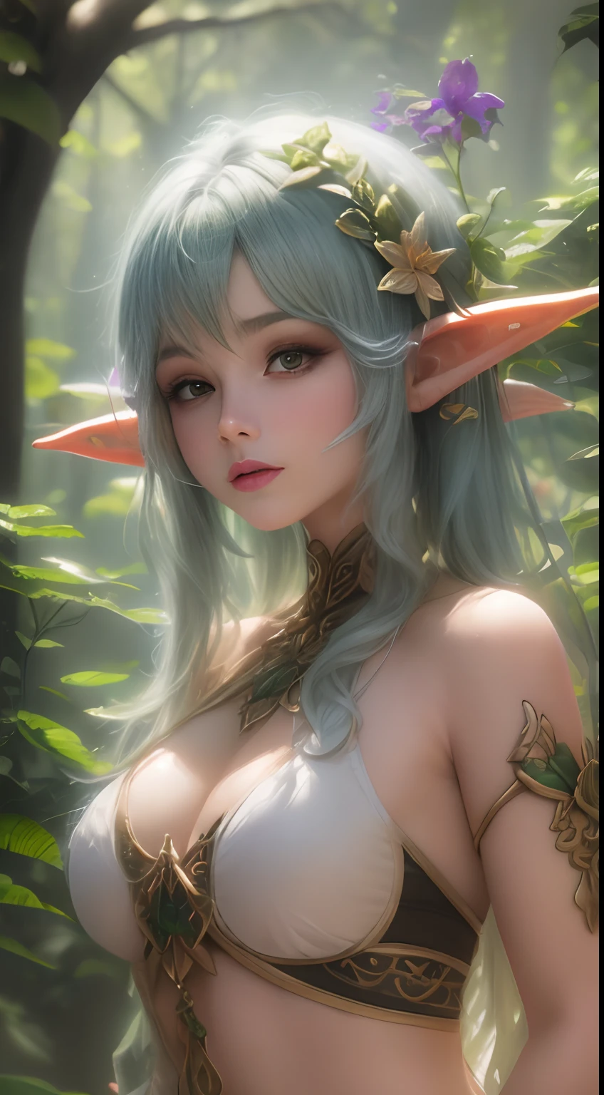 ((melhor qualidade)), ((obra-prima)), (realidade) , Terra_Spirit, luz de fundo, luz solar, ((female elf living in the forest), corpo inteiro, magro, encantador, , tree vine, flores, tatuagem, , obra-prima, 8k