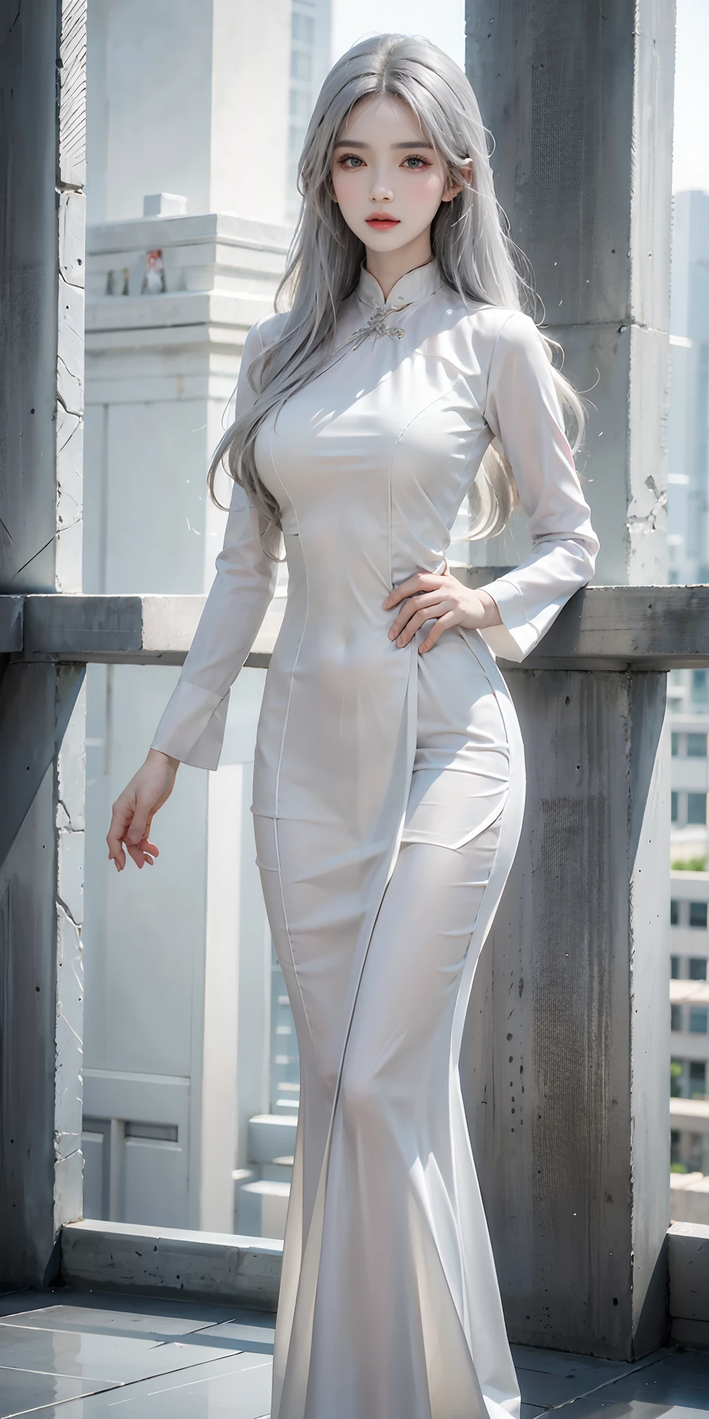 photorealistic, high resolution, soft light,1women, solo, hips up, (detailed face), silver hair, aodai vietnam, tattoo, jewelry