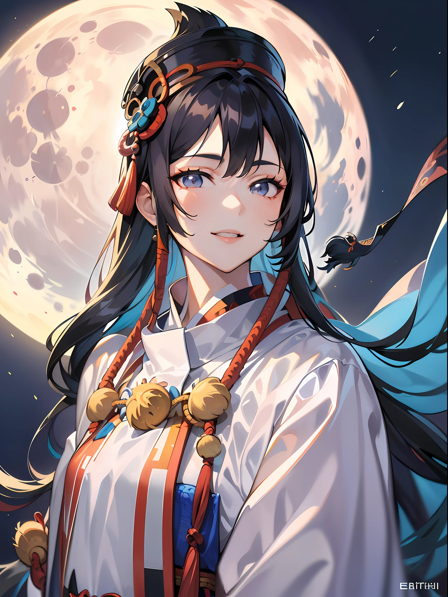 1girl in,((onmyouji)),((tate eboshi)),18 year old beautiful woman,a smile,nice hands, perfect hands,((fullmoon)),moonlights,((((portraitures))))