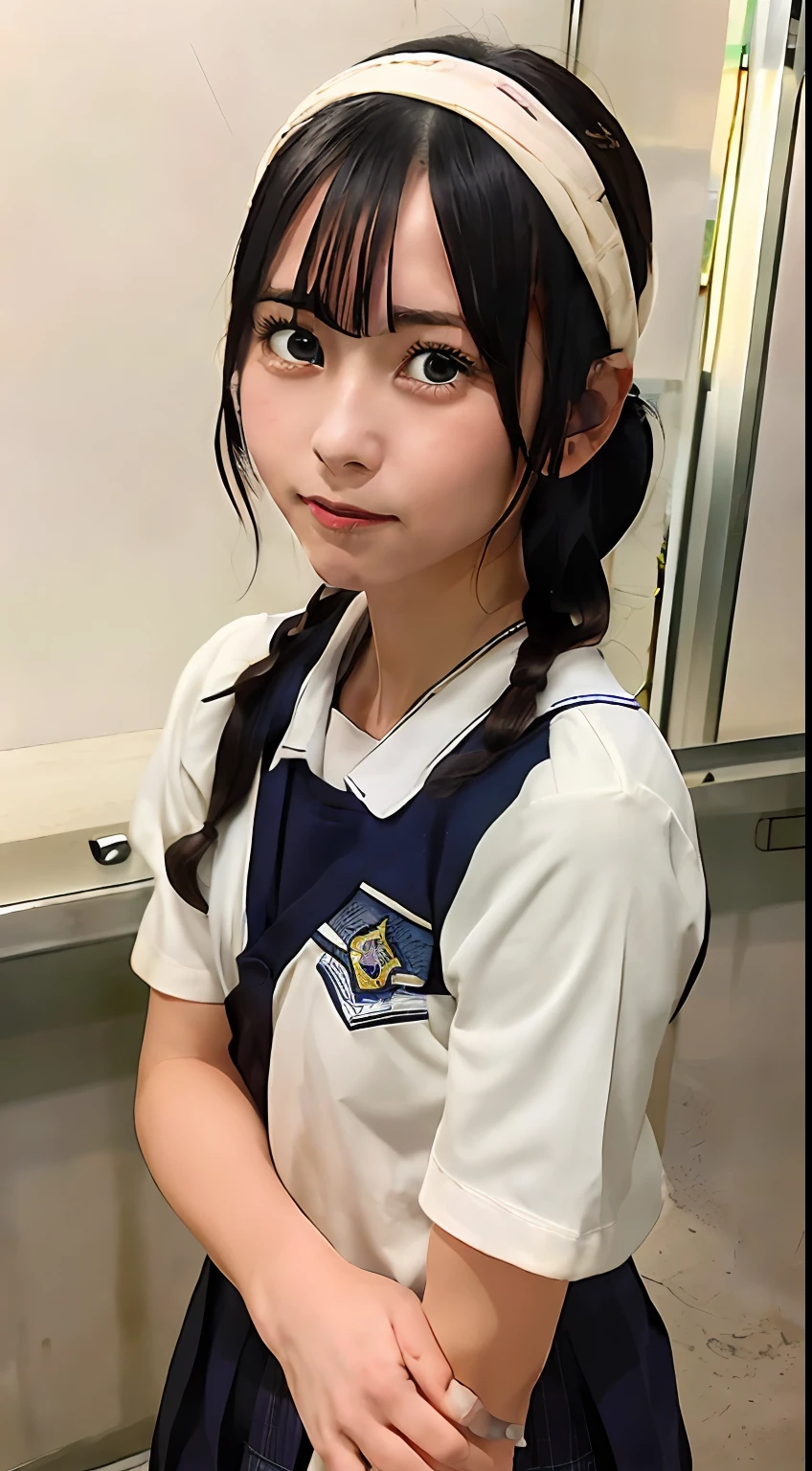 1girl in, Solo, School, masutepiece, Beautiful face, riko, School uniform, serafuku, Blue eyes, head band, Blue hair, Braided hair, Cowboy Shot, Upper body, Closed mouth、cute little