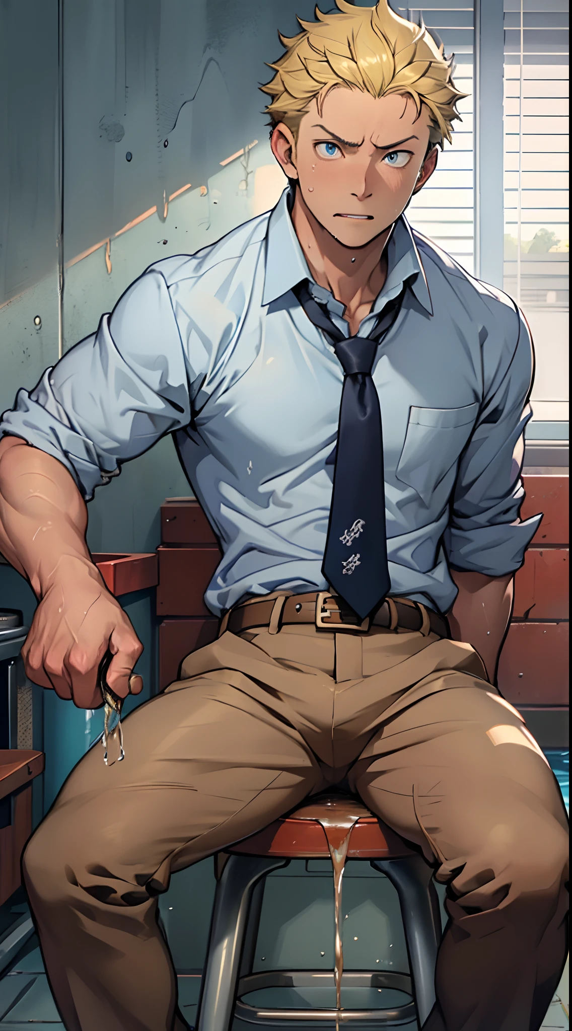 （1 Adult male），A high resolution， Sharp focus， Pixiv masterpiece， （（Complicated details））， highly  detailed， natsuki_subaru， 1 man，perfect male figure，Urine on the trouser leg， Nervously bow your head，is shy，embarressed，exhilarated，is shocked，panicking，worry，A pool of urine formed around him，Very eager to pee，Unbearable，Wet yourself，Urine discharge，full bodyesbian，sit astride，Tired，decadent， blue color eyes（eyes glowing）， Short yellow hair，white  shirt，Wear a tie，Wear a belt，trousers，perspire，Drenched，Get wet，pissing，urine flows down the pants，look from down