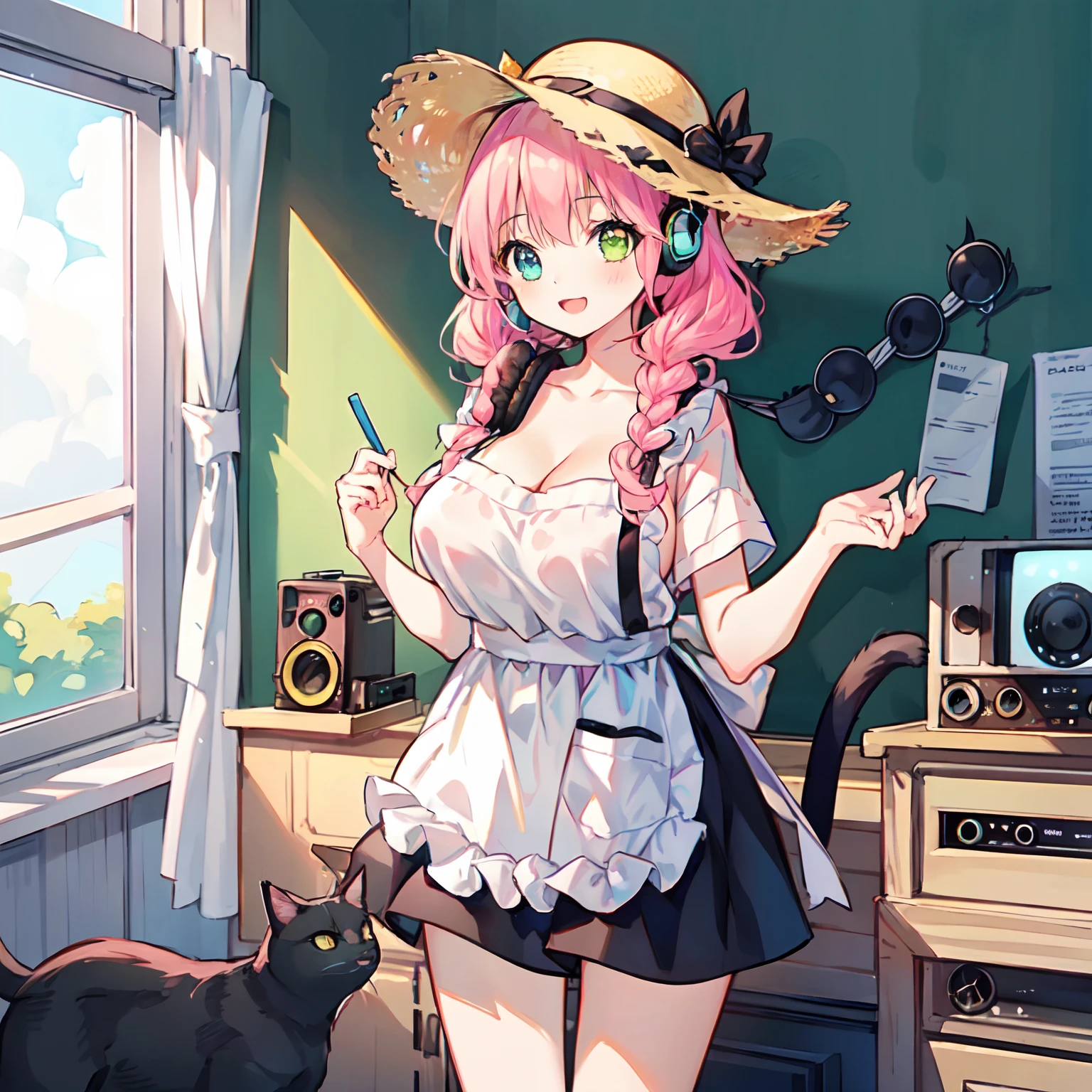 (Very detailed CG Unity 8K wallpaper), (Best Quality), (Super Detail), (Best Illustration), (Best Shadow), POV, Realistic lighting and shading, Natural light, Lens flare effect, BREAK, 1 beautiful girl, Solo,(Cute:1.5),(Chibi:0.8), (kawaii:1.5),(Lori:0.5), BREAK, ( (17 years old girl), Very detailed, colourfull, highest details, BREAK, (Huge breasts: 1. 2,), Clear skin, Beautiful skin, Shy skin, 1 beautiful girl,{Heterochromia,pale blue eyes,pale green eyes:1.5}, star eye silhouette, Break HA , (A pink-haired, Medium length:1.2),(Braided hairstyle:1.1),(Large breasts:1. 5), (long eyelashes, Double eyelids: 1. 2), Solo, gleaming skin, BREAK,(White Plain T-Shirt:1.2), (:D:1.2), (Yellow Long Skirt,Black cat and apron :1.1), (pumps:1.1),(Straw hat with ribbon:1.3),BREAK,(radio, Radio Room, 1 Headphones,inside in room:1.5),Angle from the front, {{strong light coming in}},,,breasts up