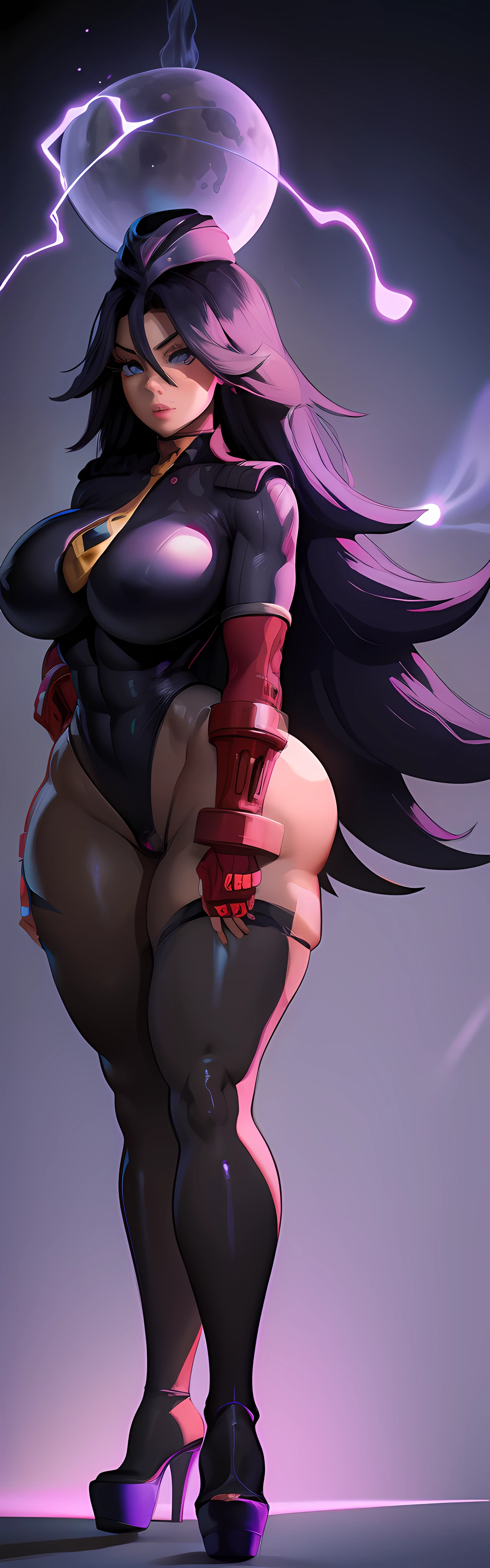 Midnight from my Hero academia, she has huge breasts, thick thighs and wide hips, midnight is wearing a dollsuit that shows off her curves, midnight has been hypnotised by a villain, midnight stands stiffly at attention, the image is in breathtaking 16k and hyper detailed, the image features platform heels, the image is hyper realistic and detailed, her huge breasts are three times the size of her head