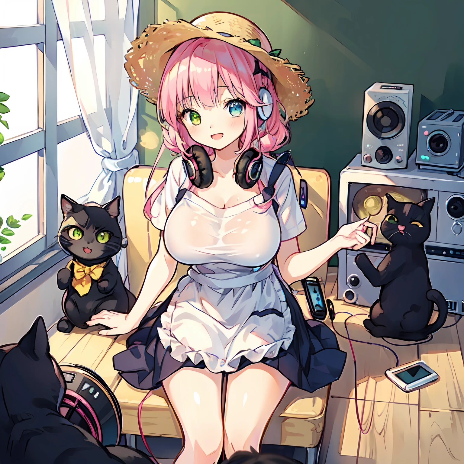 (Very detailed CG Unity 8K wallpaper), (Best Quality), (Super Detail), (Best Illustration), (Best Shadow), POV, Realistic lighting and shading, Natural light, Lens flare effect, BREAK, 1 beautiful girl, Solo,(Cute:1.5),(Chibi:0.8), (kawaii:1.5),(Lori:0.5), BREAK, ( ( girl), Very detailed, colourfull, highest details, BREAK, (Huge breasts: 1. 2,), Clear skin, Beautiful skin, Shy skin, 1 beautiful girl,{Heterochromia,pale blue eyes,pale green eyes:1.5}, star eye silhouette, Break HA , (A pink-haired, Medium length:1.2),(Braided hairstyle:1.1),(Large breasts:1. 5), (long eyelashes, Double eyelids: 1. 2), Solo, gleaming skin, BREAK,(White Plain T-Shirt:1.2), (:D:1.2), (Yellow Long Skirt,Black cat and apron :1.1), (pumps:1.1),(Straw hat with ribbon:1.3),BREAK,(radio, Radio Room, 1 Headphones,inside in room:1.5),Angle from the front, {{strong light coming in}},,,breasts up,Sitting on a pipe chair
