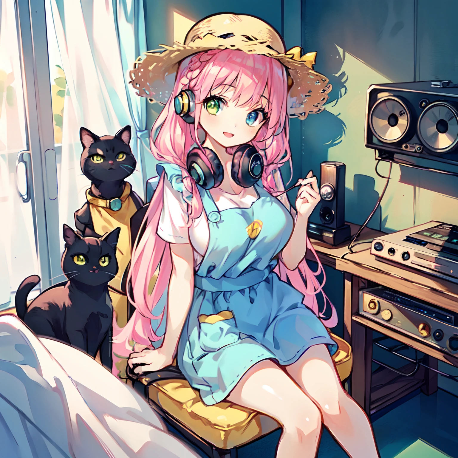 (Very detailed CG Unity 8K wallpaper), (Best Quality), (Super Detail), (Best Illustration), (Best Shadow), POV, Realistic lighting and shading, Natural light, Lens flare effect, BREAK, 1 beautiful girl, Solo,(Cute:1.5),(Chibi:0.8), (kawaii:1.5),(Lori:0.5), BREAK, ( (17 years old girl), Very detailed, colourfull, highest details, BREAK, (Huge breasts: 1. 2,), Clear skin, Beautiful skin, Shy skin, 1 beautiful girl,{Heterochromia,pale blue eyes,pale green eyes:1.5}, star eye silhouette, Break HA , (A pink-haired, Medium length:1.2),(Braided hairstyle:1.1),(Large breasts:1. 5), (long eyelashes, Double eyelids: 1. 2), Solo, gleaming skin, BREAK,(White Plain T-Shirt:1.2), (:D:1.2), (Yellow Long Skirt,Black cat and apron :1.1), (pumps:1.1),(Straw hat with ribbon:1.3),BREAK,(radio, Radio Room, 1 Headphones,inside in room:1.5),Angle from the front, {{strong light coming  in}},,,breasts up,Sitting on a pipe chair