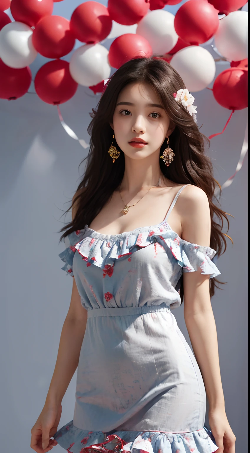 Girl, Solo, jewelry, Long hair, necklace, Earrings, Looking at the audience, Cowboy camera, cropped shoulders, Wavy hair, Bare shoulders, The whole picture is bright, The background is a white wall, Gray eyes, Lips, parted lip, Skirt, Ruffles, (Red dress :1.3), coloredballoons, Blue Red Yellow Balloon, Winnie the Pooh, (Flower background :1.5),