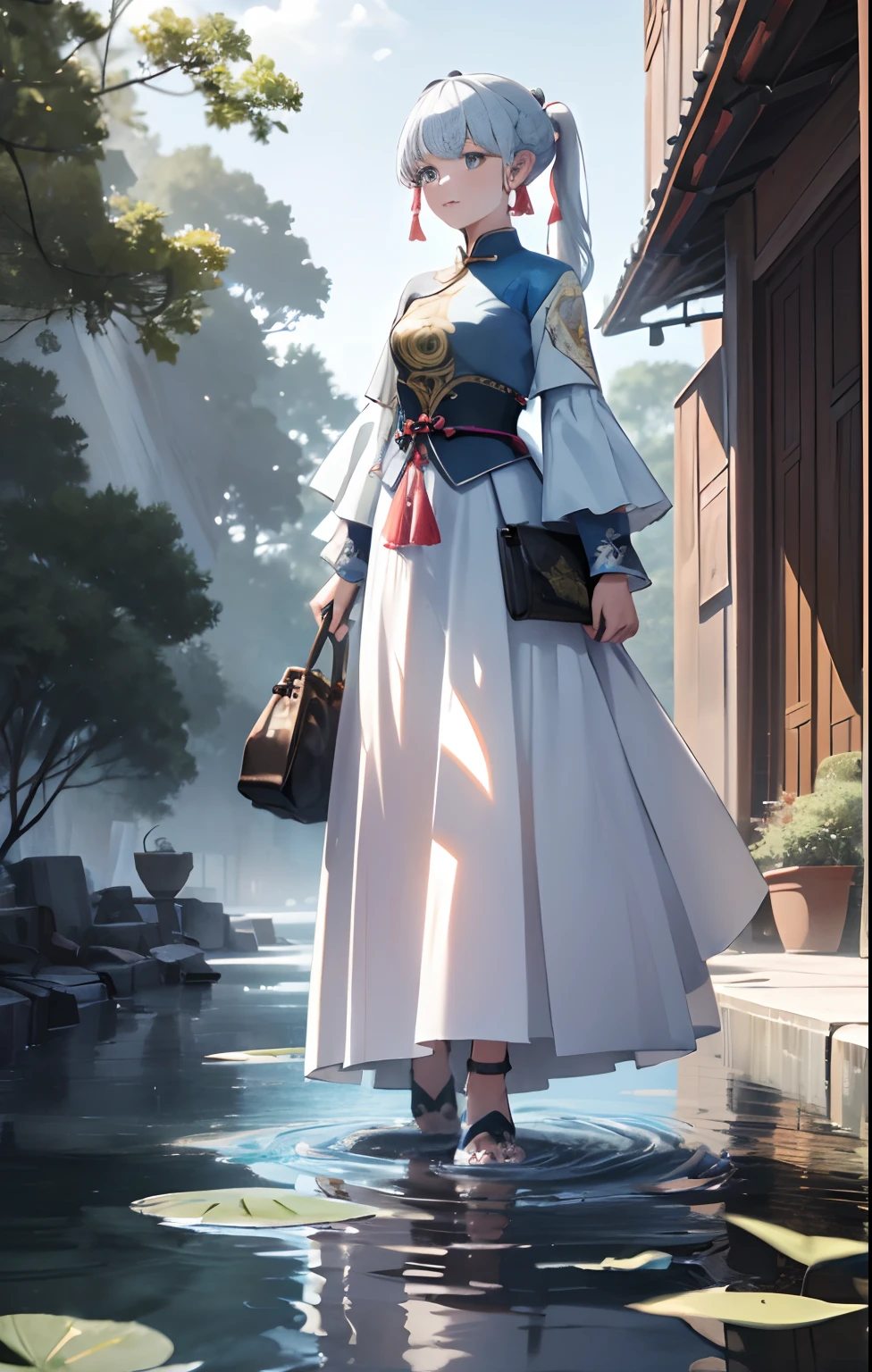 best qualityer，tmasterpiece，Ultimate resolution，downy，Extremely colorful，Colorful，Oasis background，Chinese woman，cabelos preto e longos，a matural female，A long white dress in the style of an ancient building，a white long skirt，Treading water，Yellow River，Normal posture