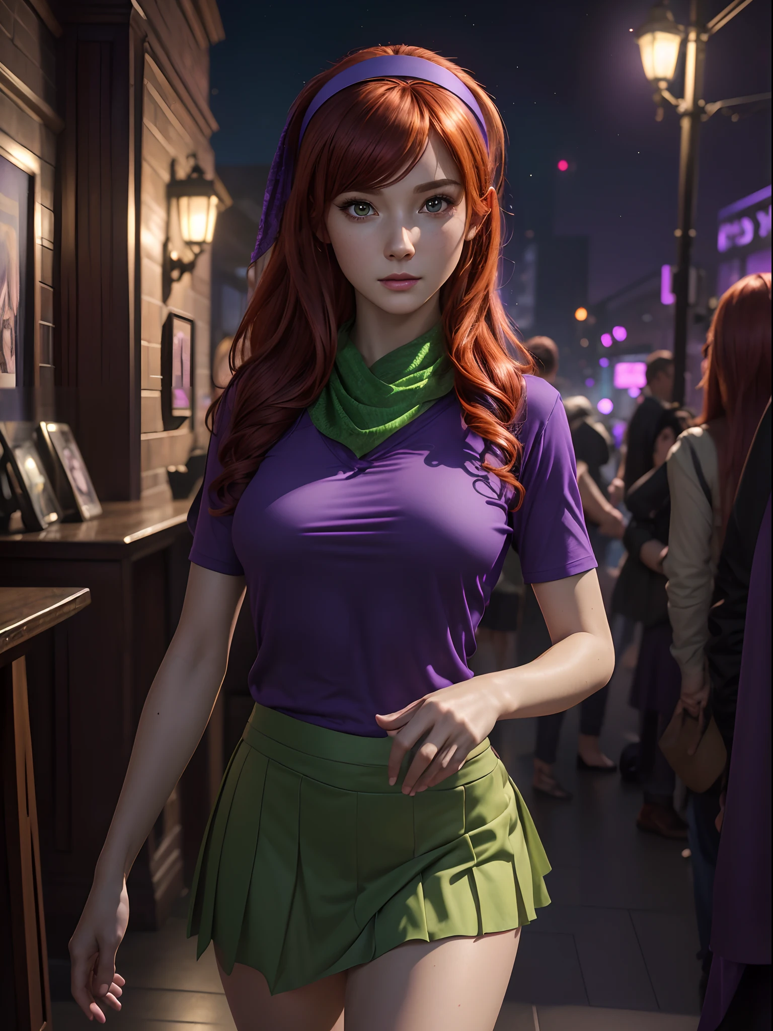 (realistic:1.3), insane detailed, quality, (masterpiece:1.2), (photorealistic:1.2), (best quality), (detailed skin:1.3), (intricate details), ray tracing, ((half body)), (((1girl))), (((1 person))), Daphne, 20 years old, red hair, small breast, green shawl, purple t-shirt, purple pleated skirt, hair band, (night background)
