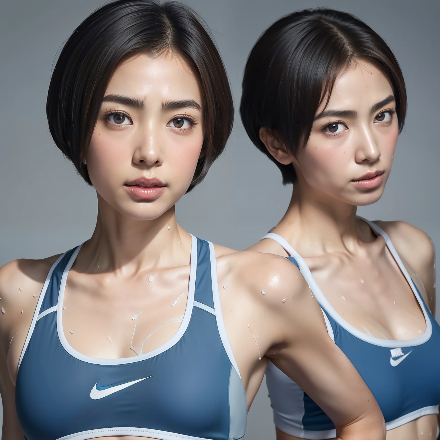 (solo), (a detailed full body RAW photo of a girl), (masterpiece:1.0), (best quality:1.4), (ultra highres:1.2), (photorealistic:1.4), 8k resolution, Canon EOS R5, 30mm, absurdres, ultra detailed, (40year old), sharp focus, cinematic lighting, detailed beautiful face, (no make up:1.2), (ulzzang-6500-v1.1), petite figure, detailed skin texture, flat chest, (skinny and fit body:1.6), detailed brown hair, sweltering,(very short hair:1.5), very thin see-through wear, (very thin blue and gray nike athletic wear for competition:1.5), see-through, low rise, realistic glistening skin, (sweating:1.8), detailed nipples texture, (japanese athlete:1.5), (flat chest:1.2), stylish pose, (full body), humid, (satomi ishihara:0.7)